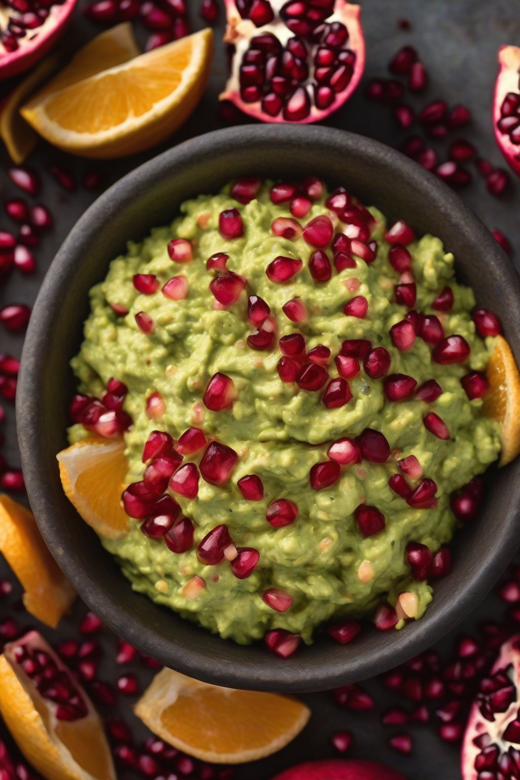 A high-resolution photo of pomegranate citrus guacamole bursting with red seeds, in an elegant bowl, under soft lighting.