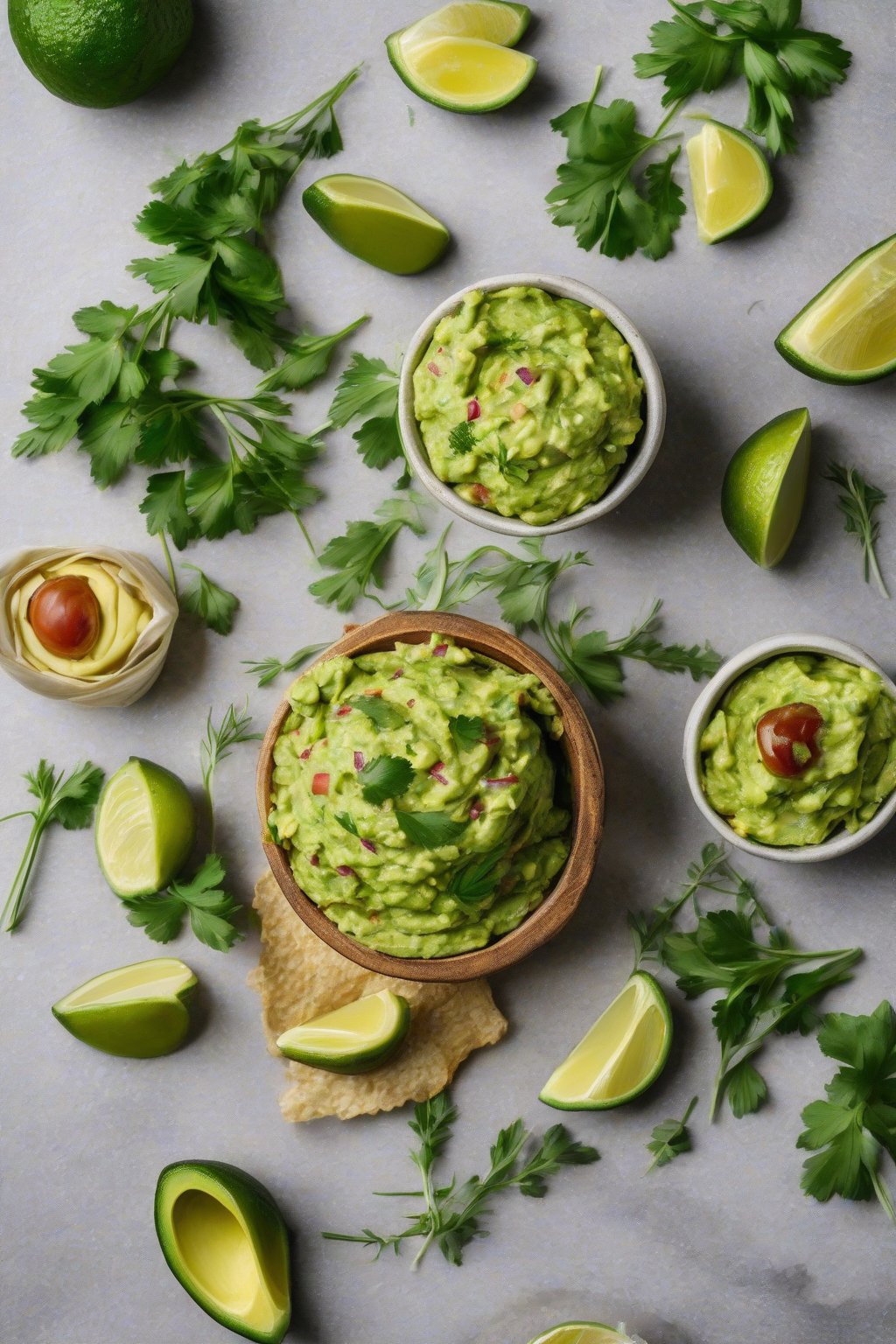A high-resolution photo of garlic herb zinger guacamole topped with herb sprigs, under soft lighting.