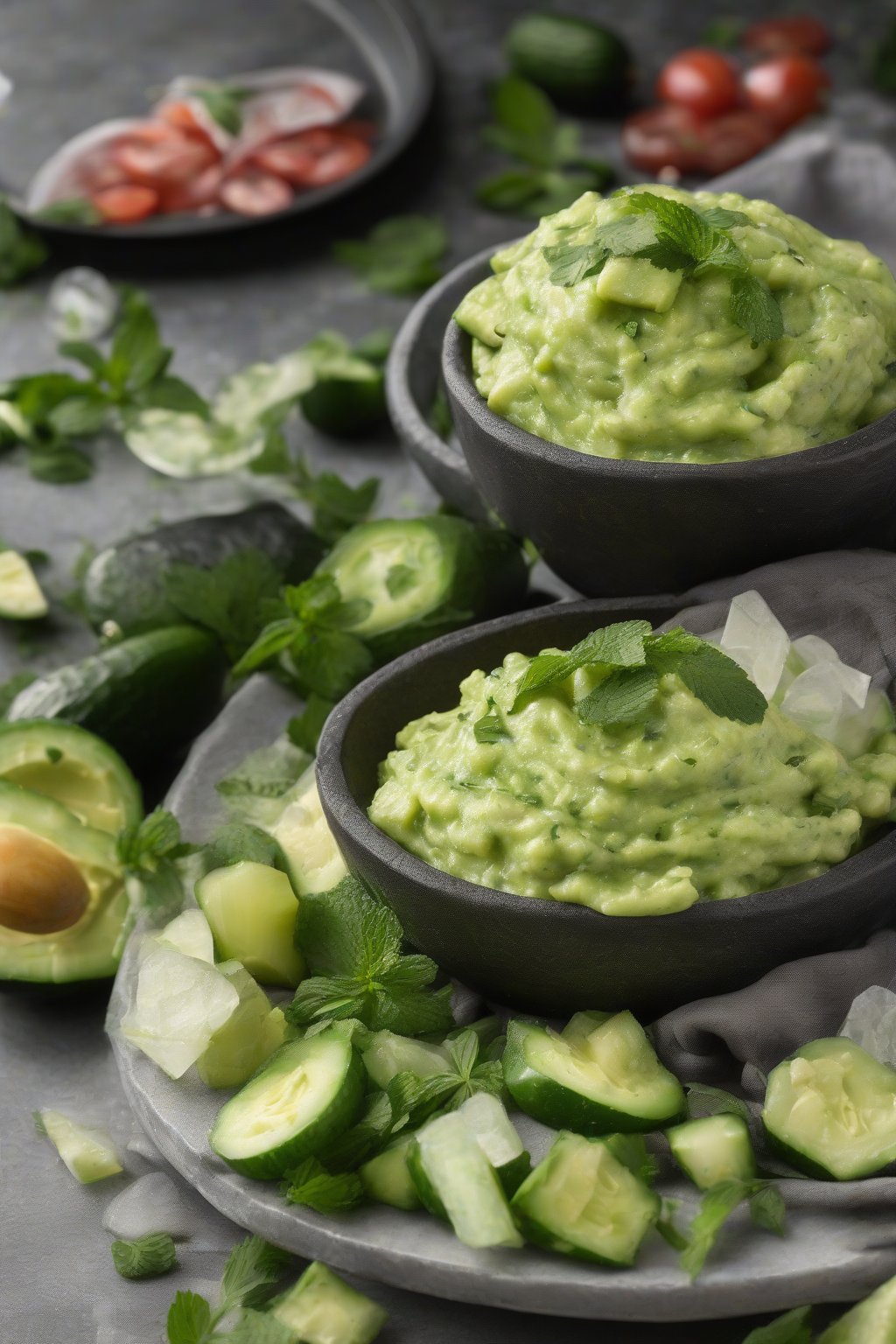 A high-resolution photo of cucumber mint refresh guacamole with green flecks, served chilled, under soft lighting.