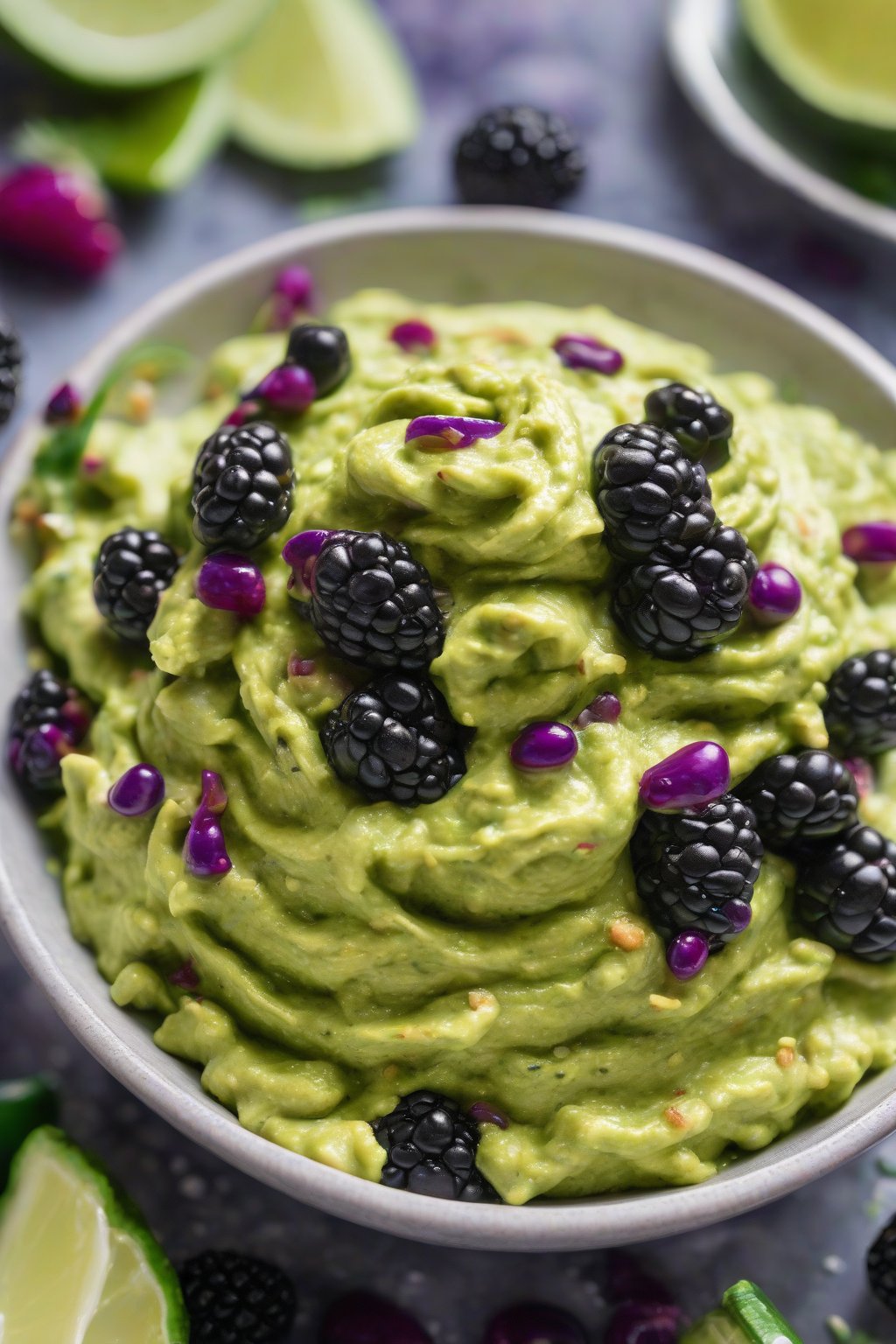 A high-resolution photo of blackberry jalapeño fusion guacamole with purple berry swirls, under soft lighting.