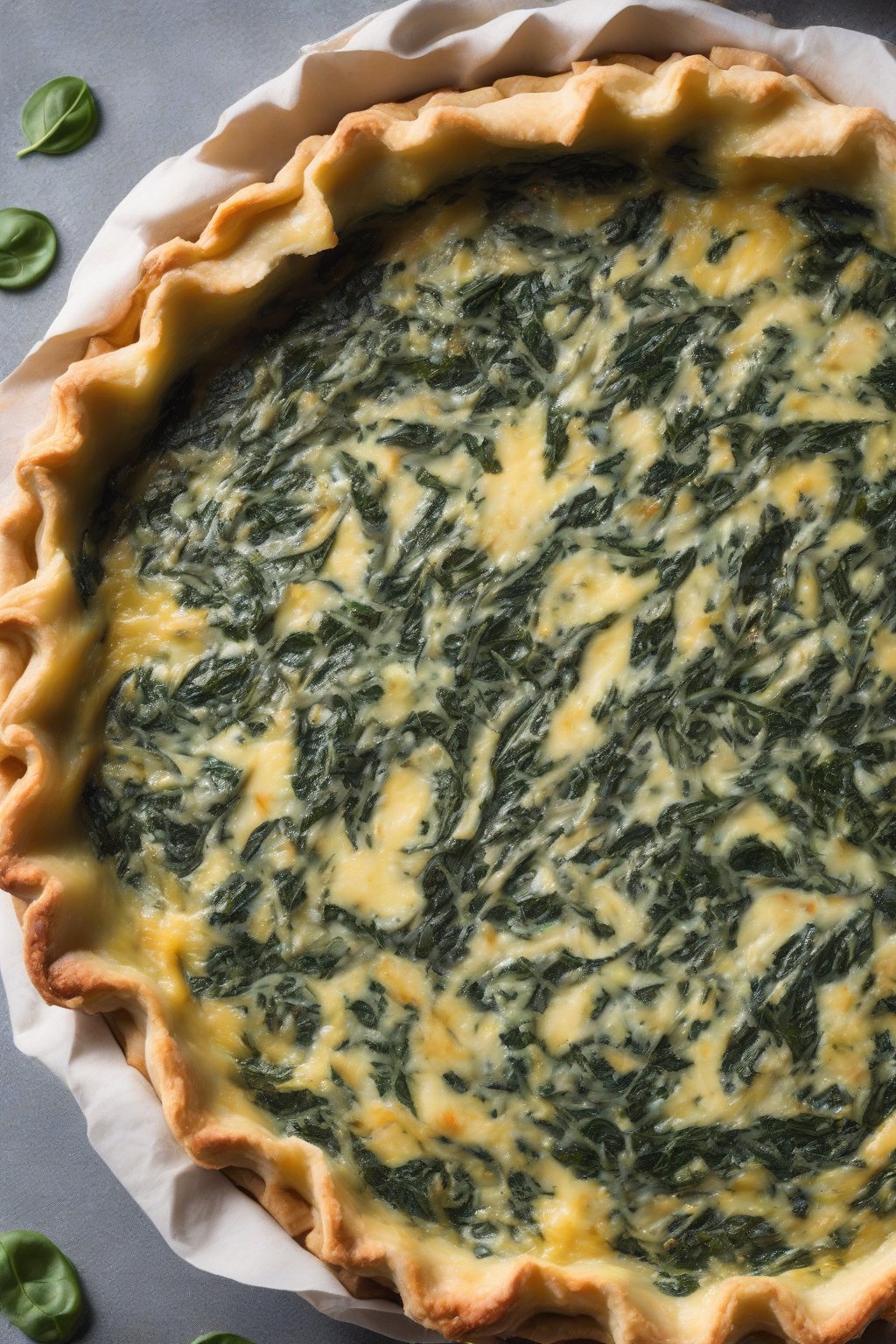 A high-resolution photo of an oil-based pie crust with pressed edges holding spinach quiche, flaky texture prominent, under soft lighting.
