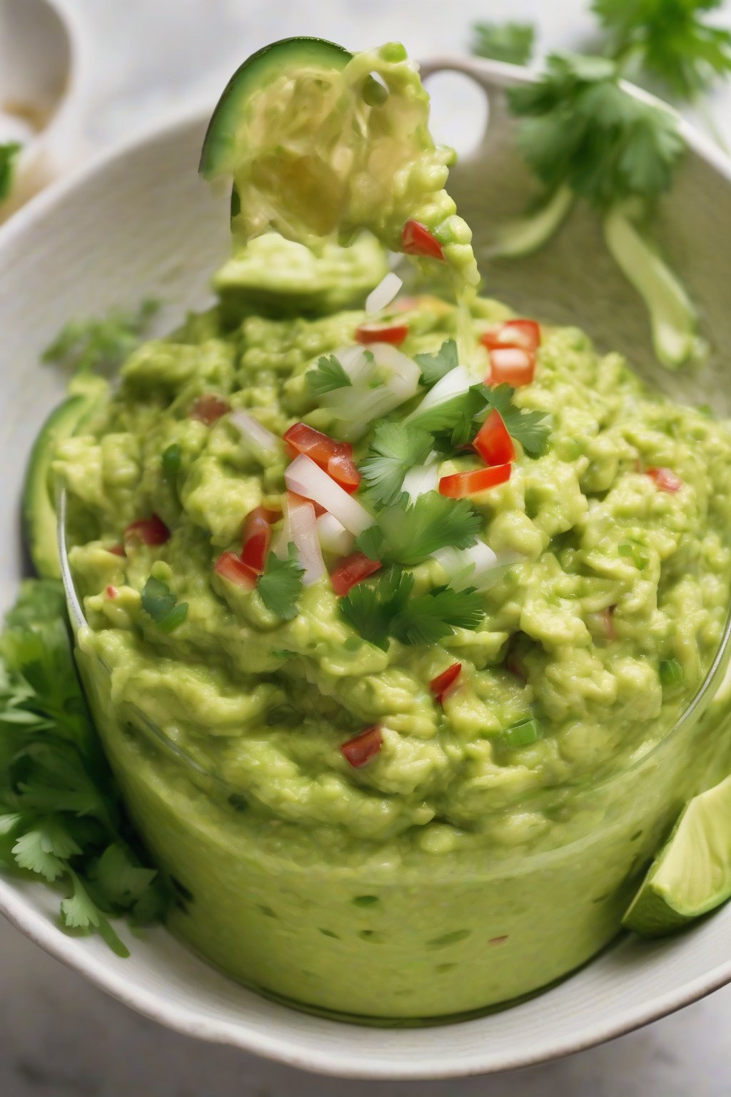 A high-resolution photo of wasabi avocado punch guacamole garnished with green onions, in a modern bowl, under soft lighting.