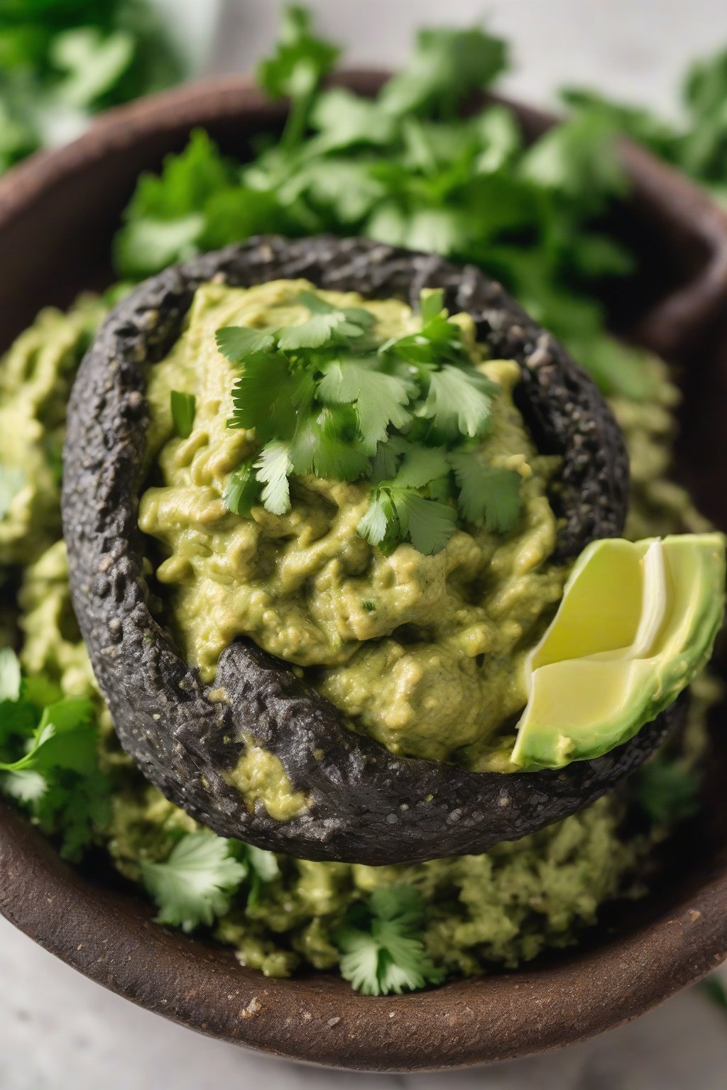 A close-up photo of smoky chipotle guacamole in a molcajete, garnished with cilantro, under soft lighting.