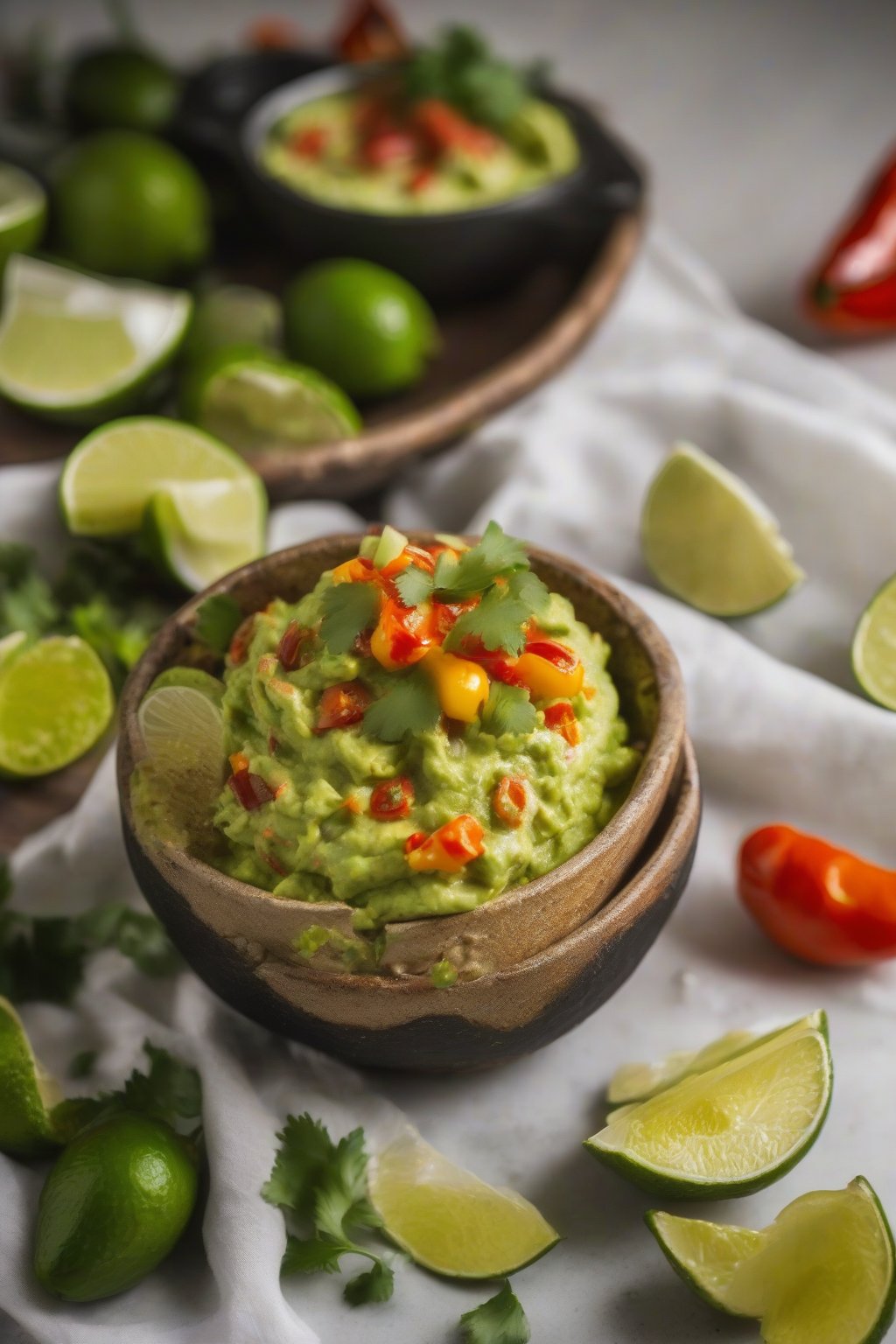 A close-up photo of fiery habanero guacamole topped with lime wedges, under soft lighting.