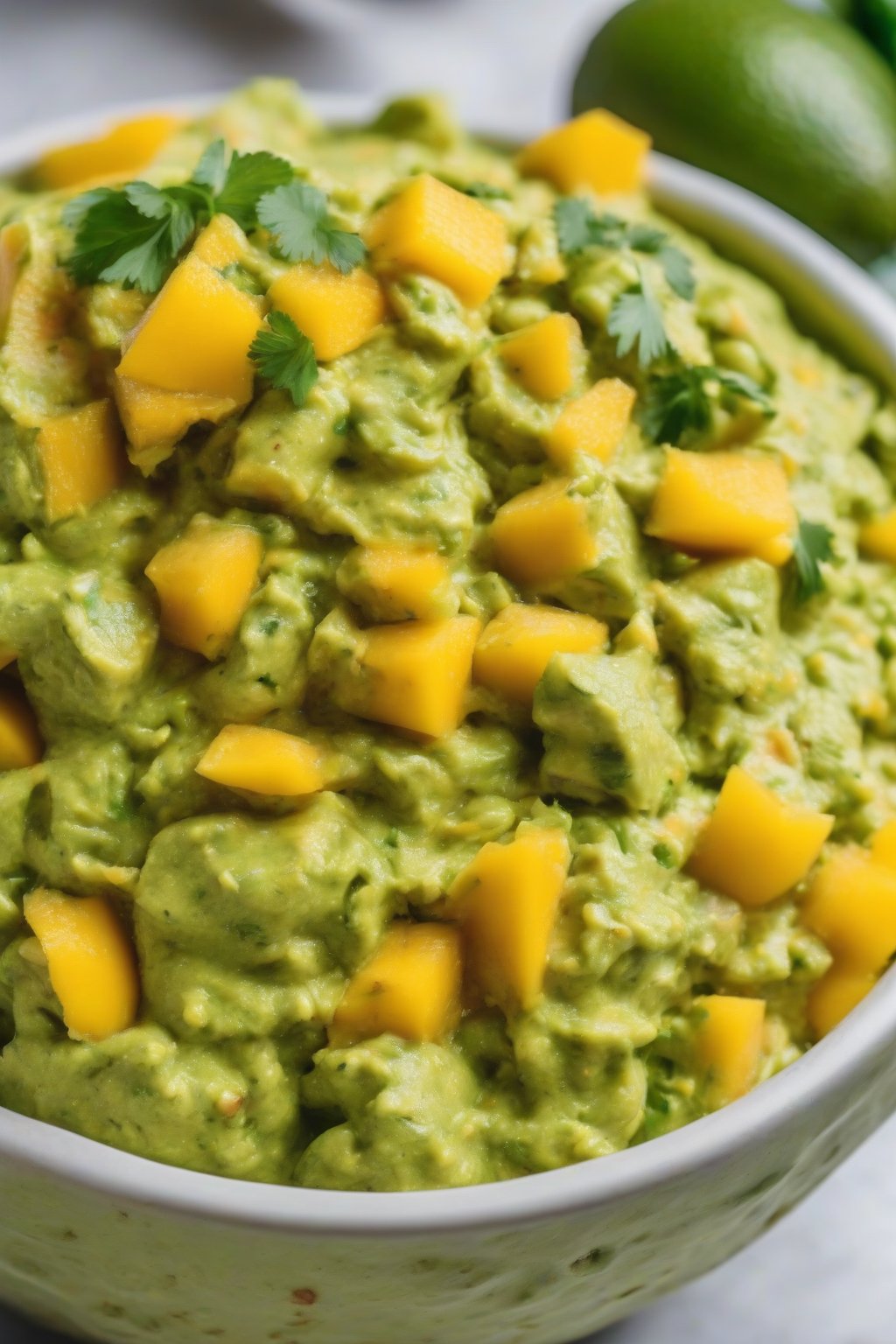 A close-up photo of tropical mango guacamole with mango chunks visible, under soft lighting.