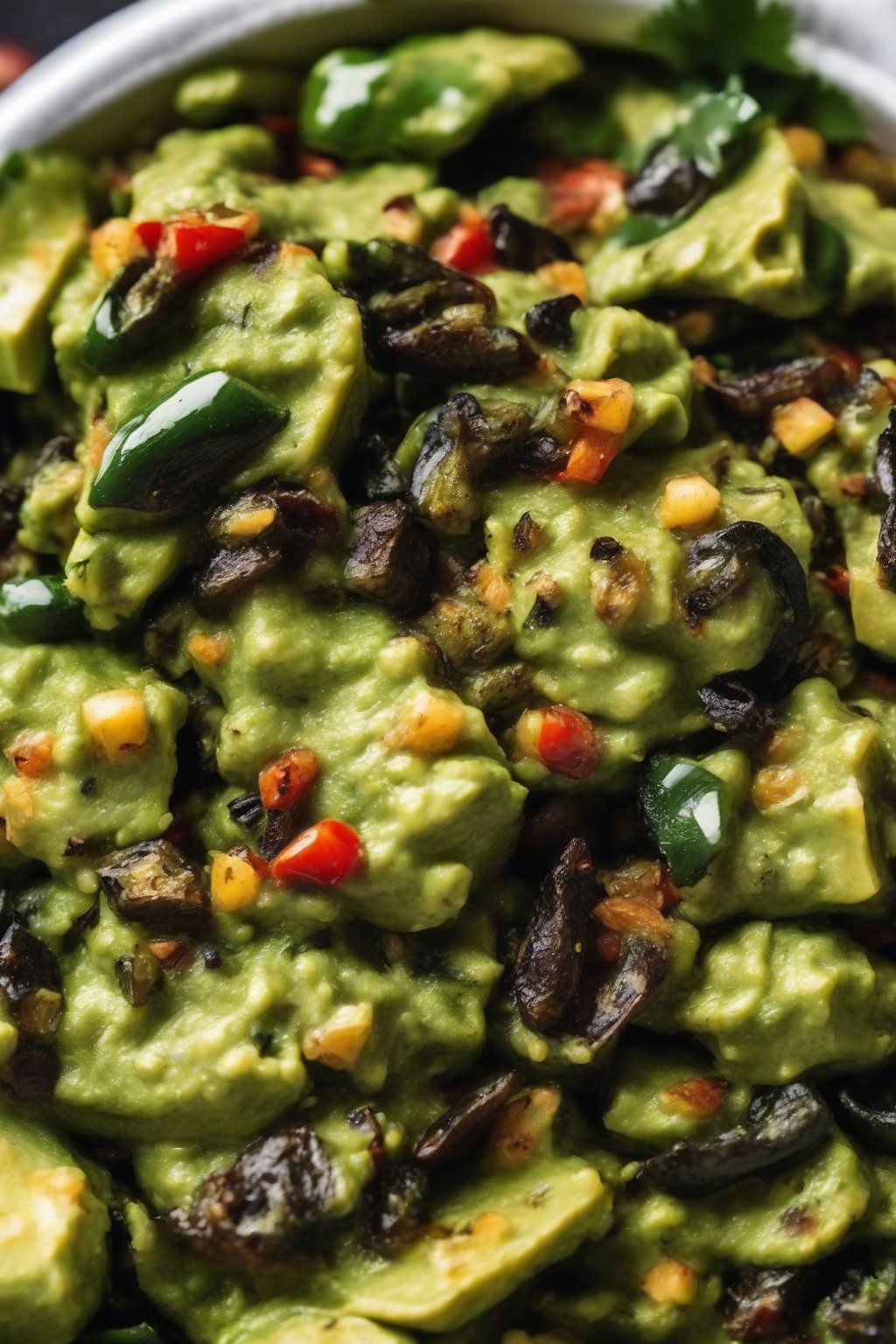 A close-up photo of roasted poblano guacamole with charred pepper bits, under soft lighting.