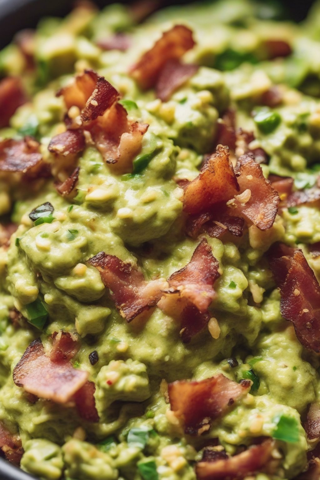 A close-up photo of bacon jalapeño guacamole sprinkled with bacon bits, under soft lighting.