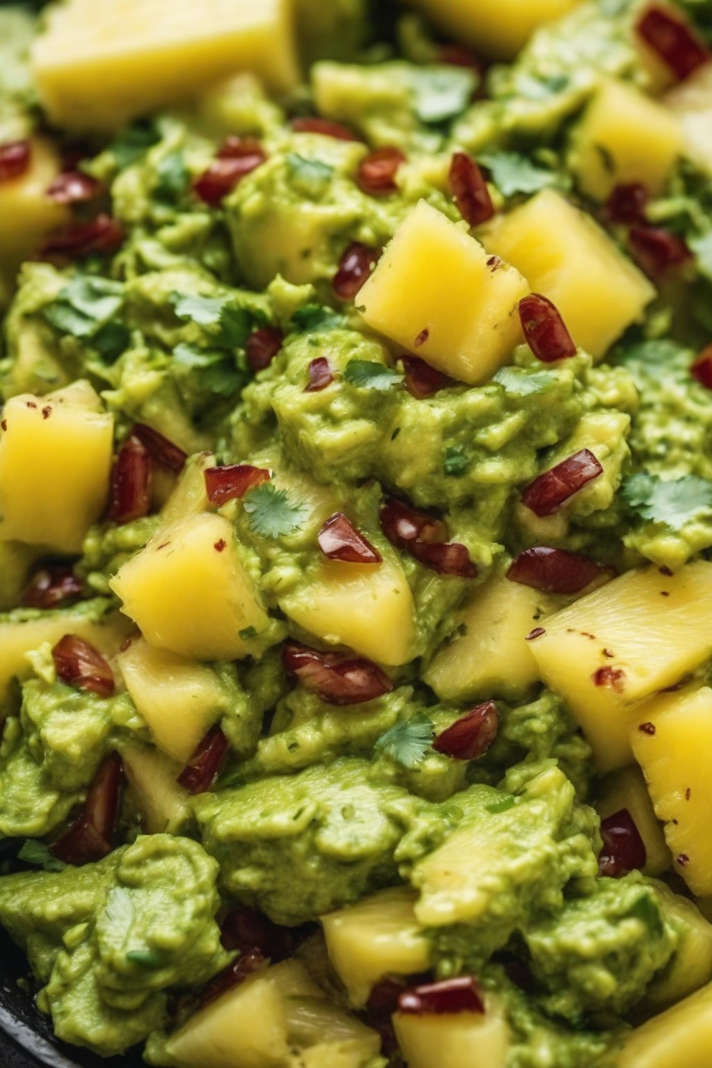 A close-up photo of pineapple serrano guacamole with juicy pineapple pieces, under soft lighting.