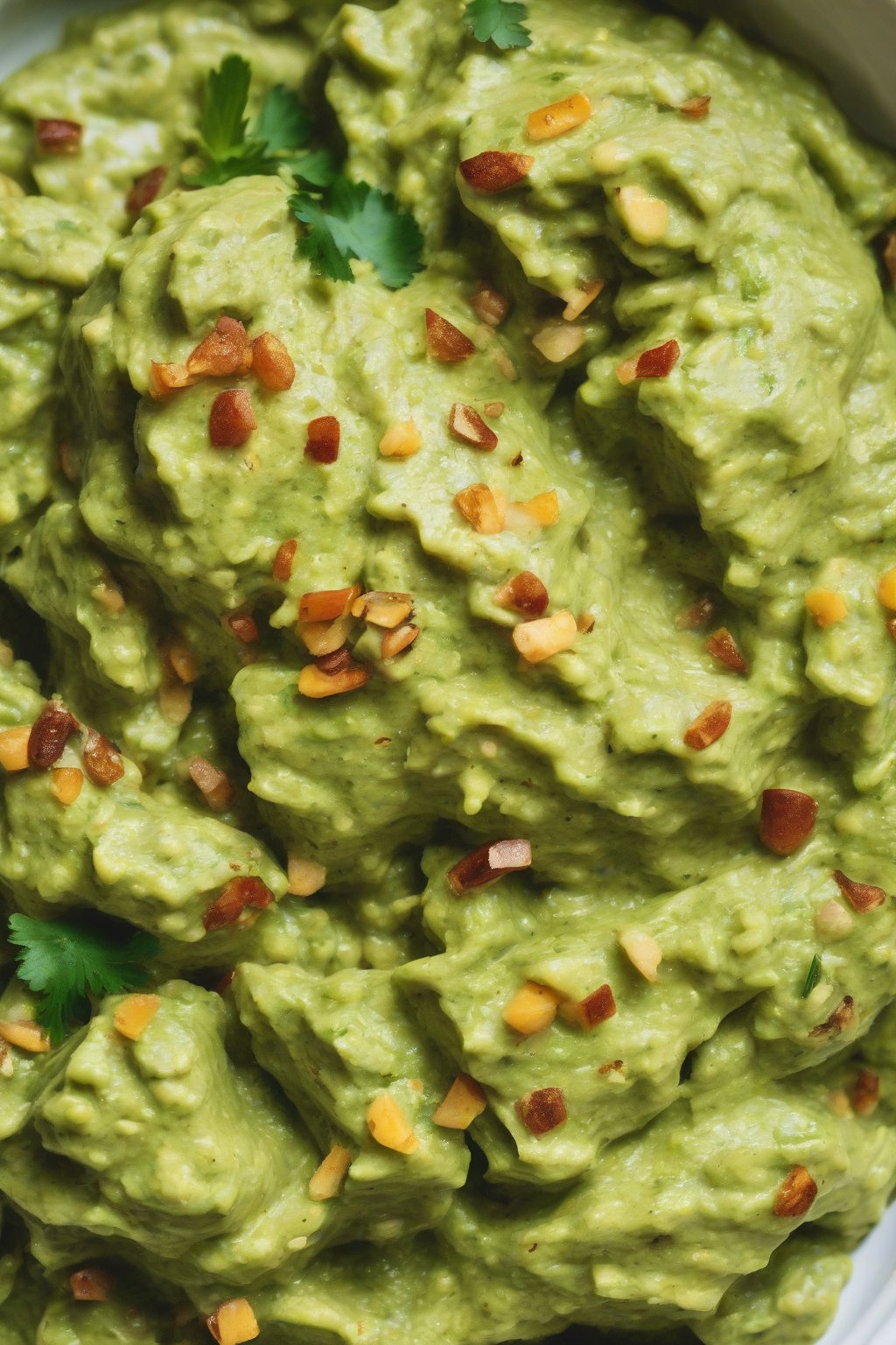 A close-up photo of garlic cumin guacamole with golden cumin flecks, under soft lighting.