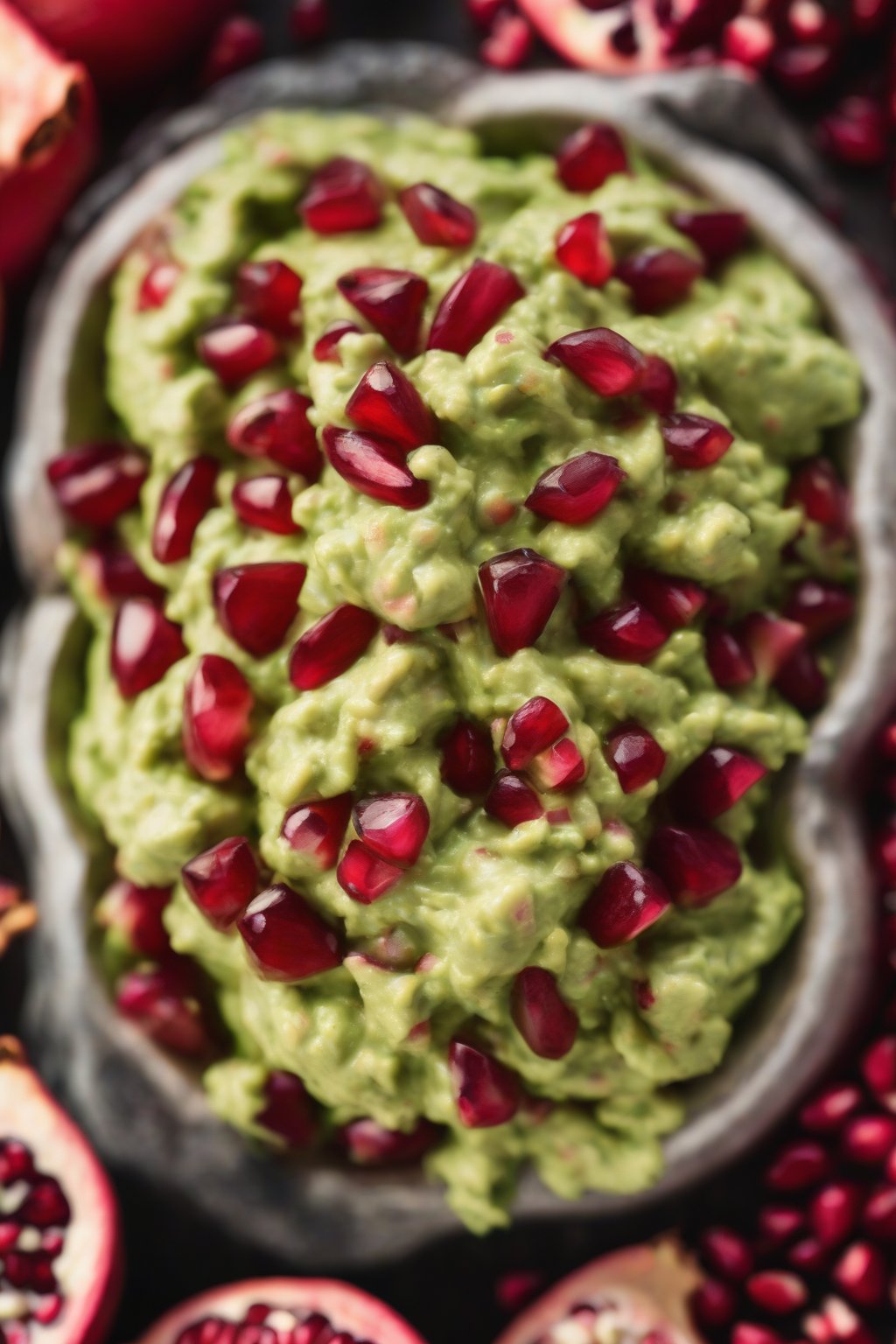 A close-up photo of pomegranate seed guacamole bursting with red arils, under soft lighting.