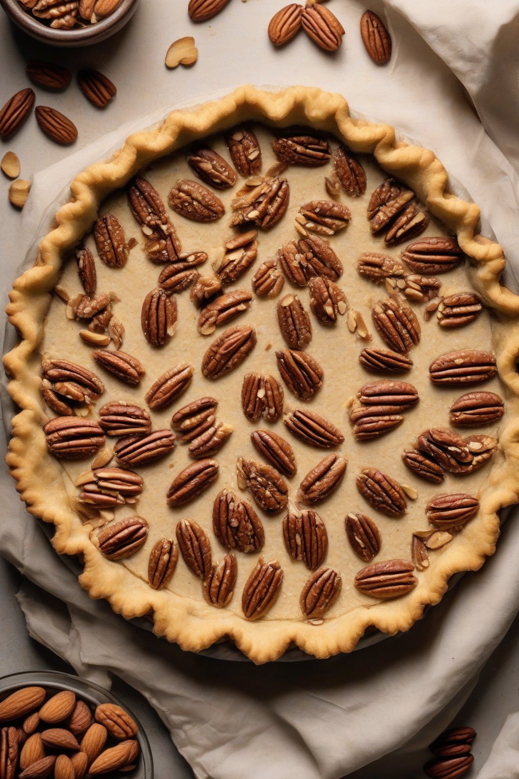 A high-resolution photo of an almond flour pie crust topped with pecan halves, golden and flaky, under soft lighting.
