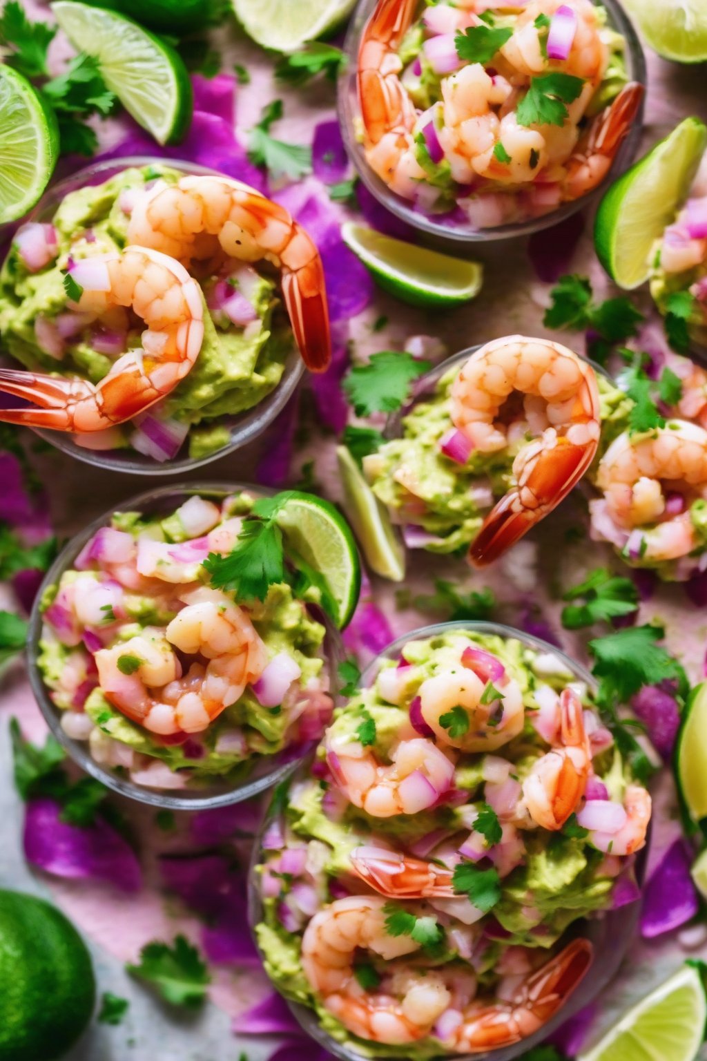 A close-up photo of shrimp ceviche guacamole with pink shrimp pieces, under soft lighting.