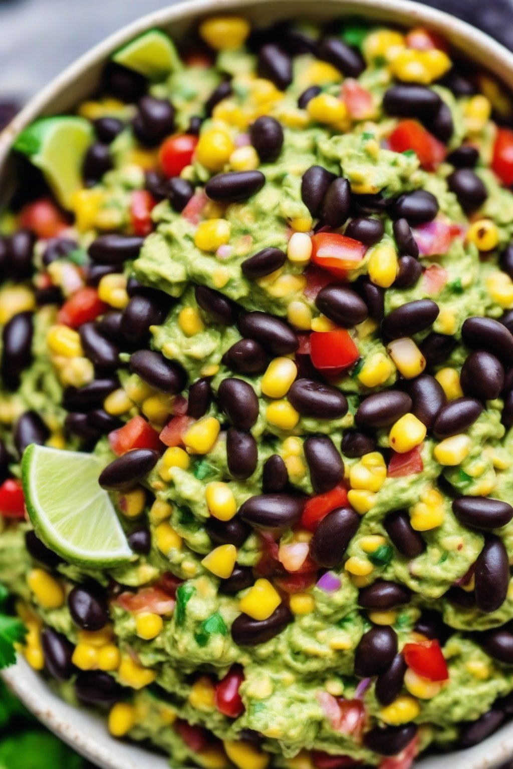 A close-up photo of black bean corn guacamole with colorful kernels, under soft lighting.