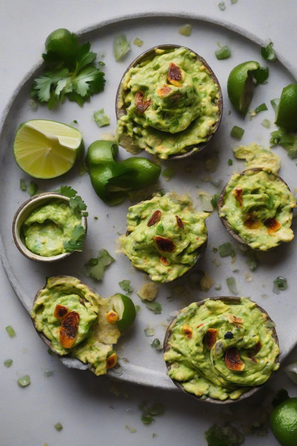 A close-up photo of charred scallion guacamole with green flecks, under soft lighting.