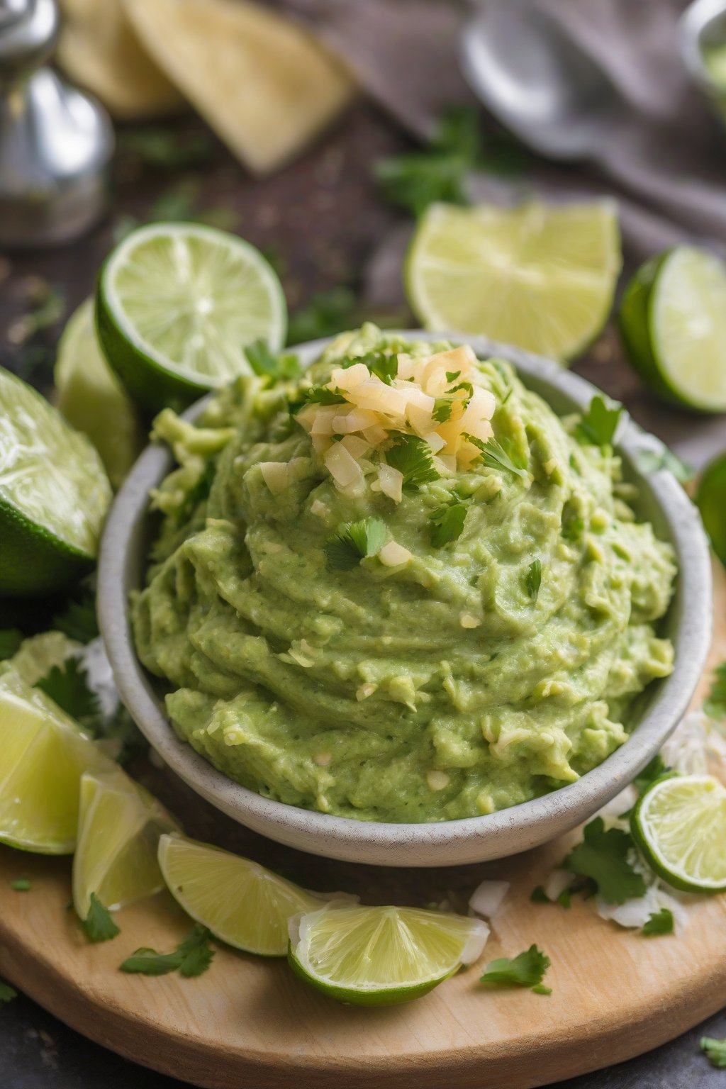 A close-up photo of lime epazote guacamole with lime zest garnish, under soft lighting.