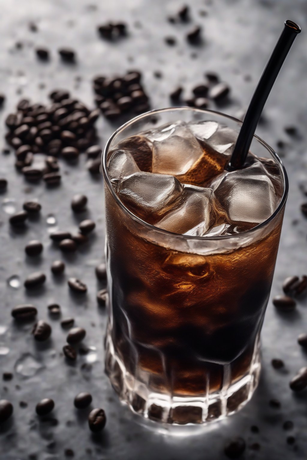A high-resolution photo of a glass of classic bold black cold brew on ice with coffee beans scattered around, under soft lighting.
