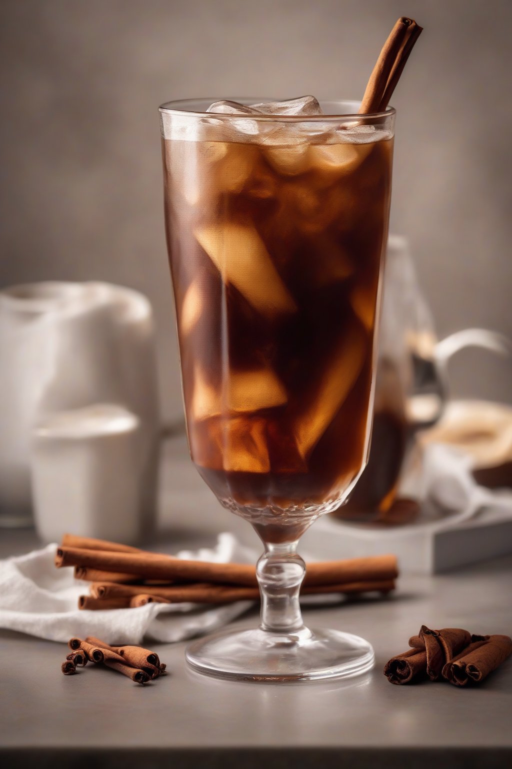 A high-resolution photo of vanilla cinnamon cold brew in a tall glass garnished with a cinnamon stick, under soft lighting.