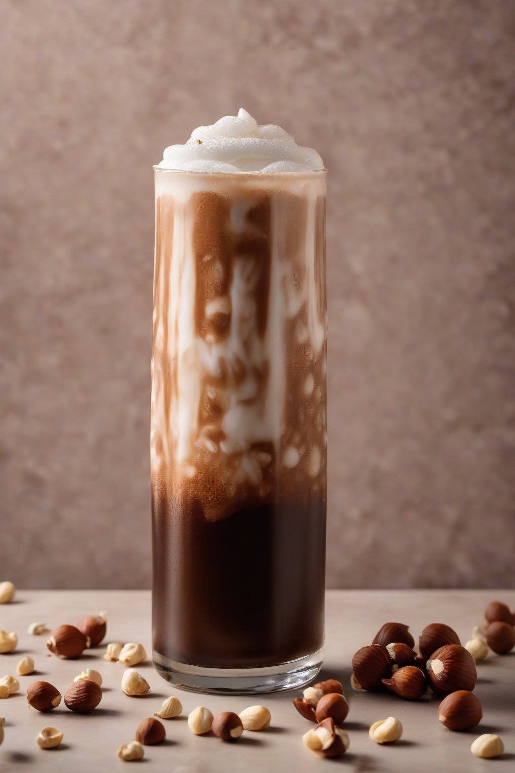 A high-resolution photo of chocolate hazelnut cold brew topped with foam and hazelnuts, under soft lighting.