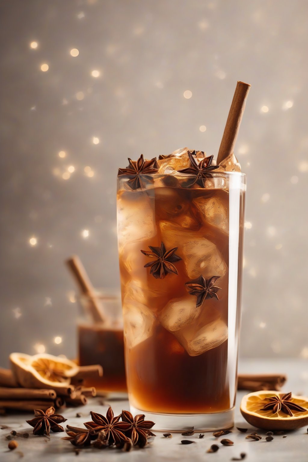 A high-resolution photo of spiced chai cold brew with floating spices and a star anise garnish, under soft lighting.
