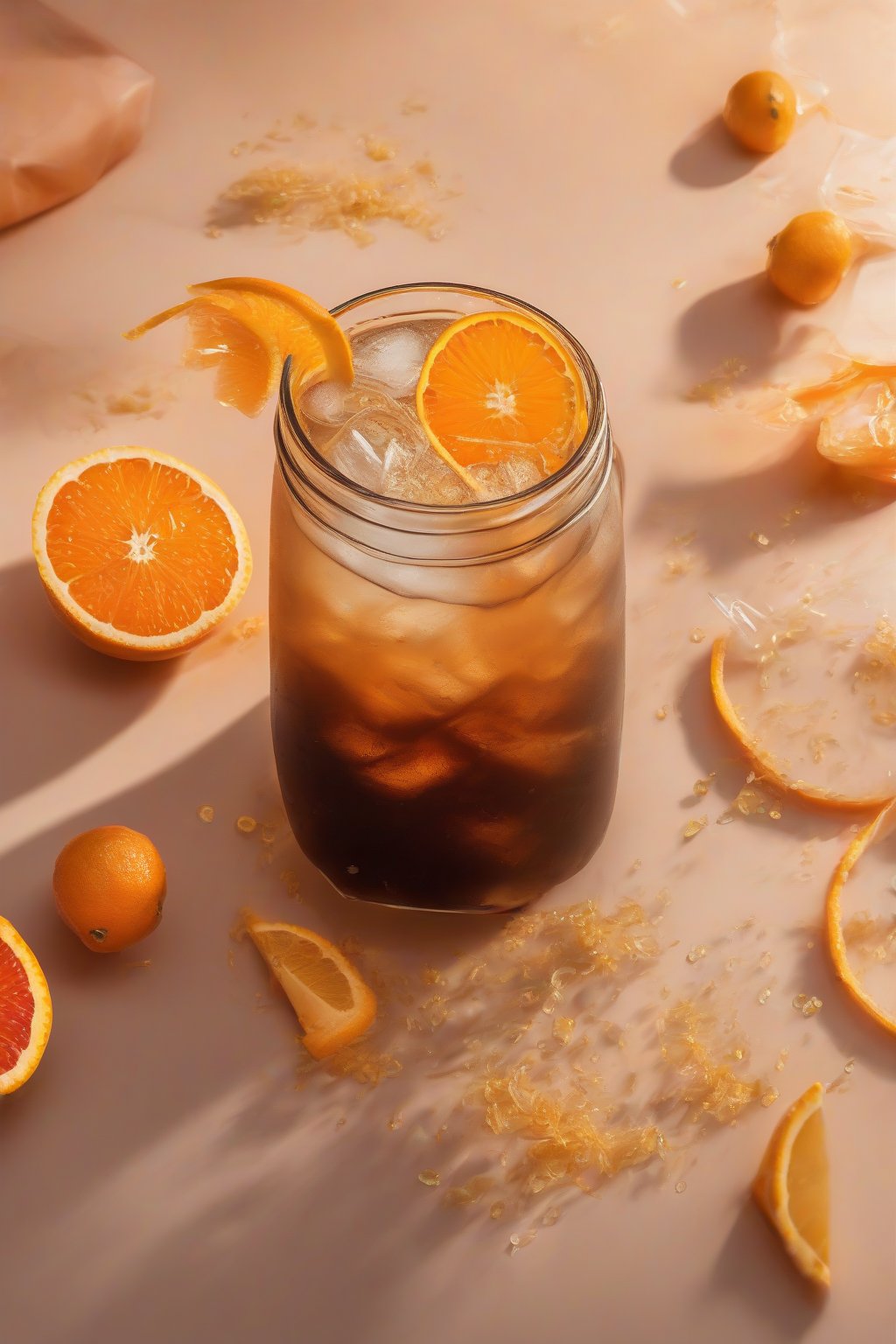 A high-resolution photo of citrus zest cold brew in a glass with orange slices and zest flecks, under soft lighting.