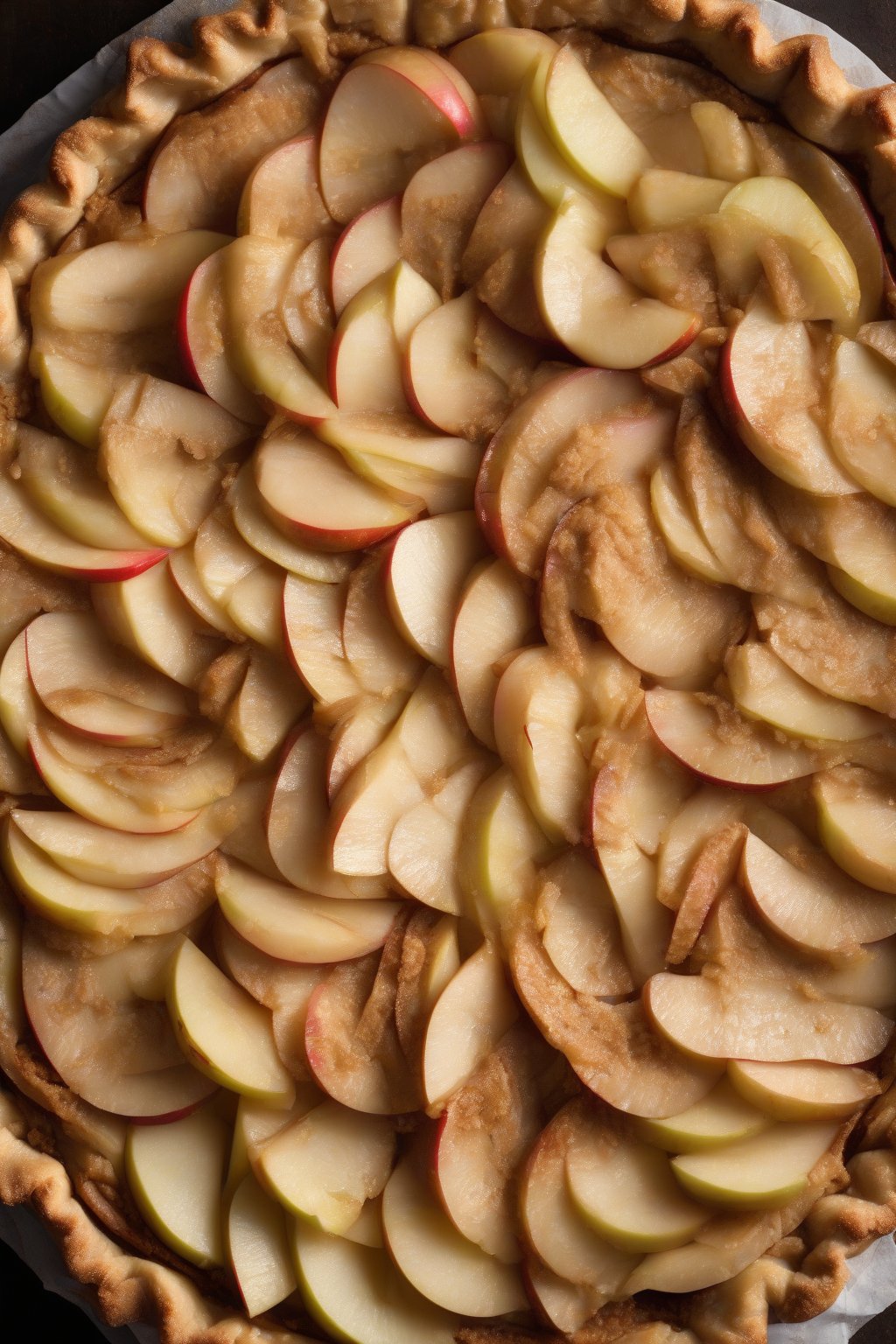 A high-resolution photo of a whole wheat pie crust encasing apple slices, rustic flaky layers, under soft lighting.