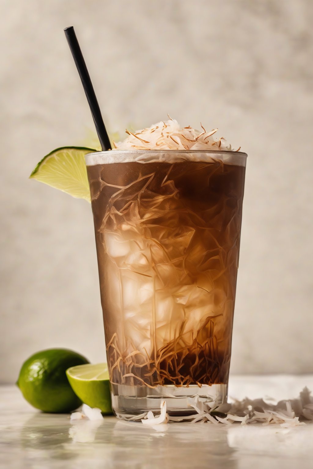 A high-resolution photo of coconut cold brew garnished with coconut shreds and a lime wedge, under soft lighting.