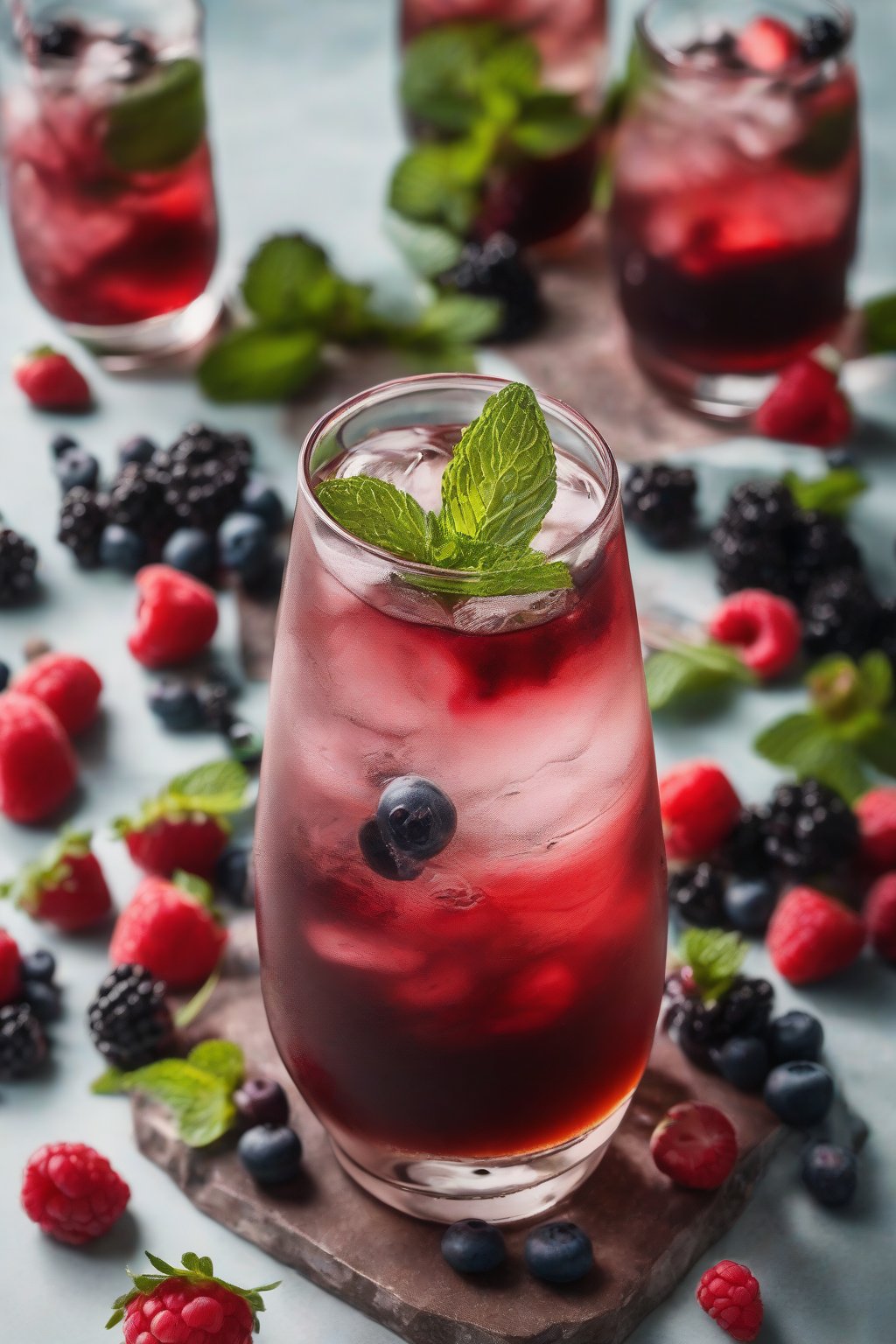 A high-resolution photo of berry blast cold brew with fresh berries and mint leaves, under soft lighting.