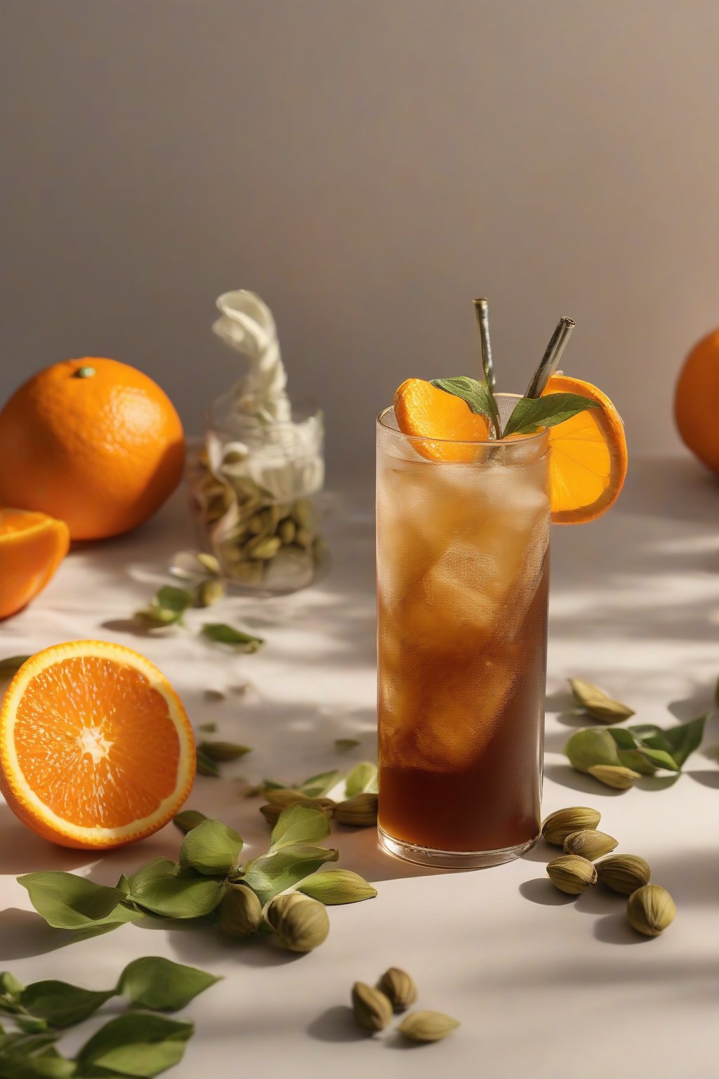 A high-resolution photo of cardamom orange cold brew with orange twist and green cardamom pods, under soft lighting.