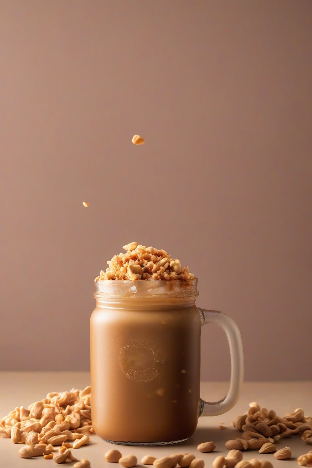 A high-resolution photo of peanut butter cold brew topped with peanut crumbles, under soft lighting.