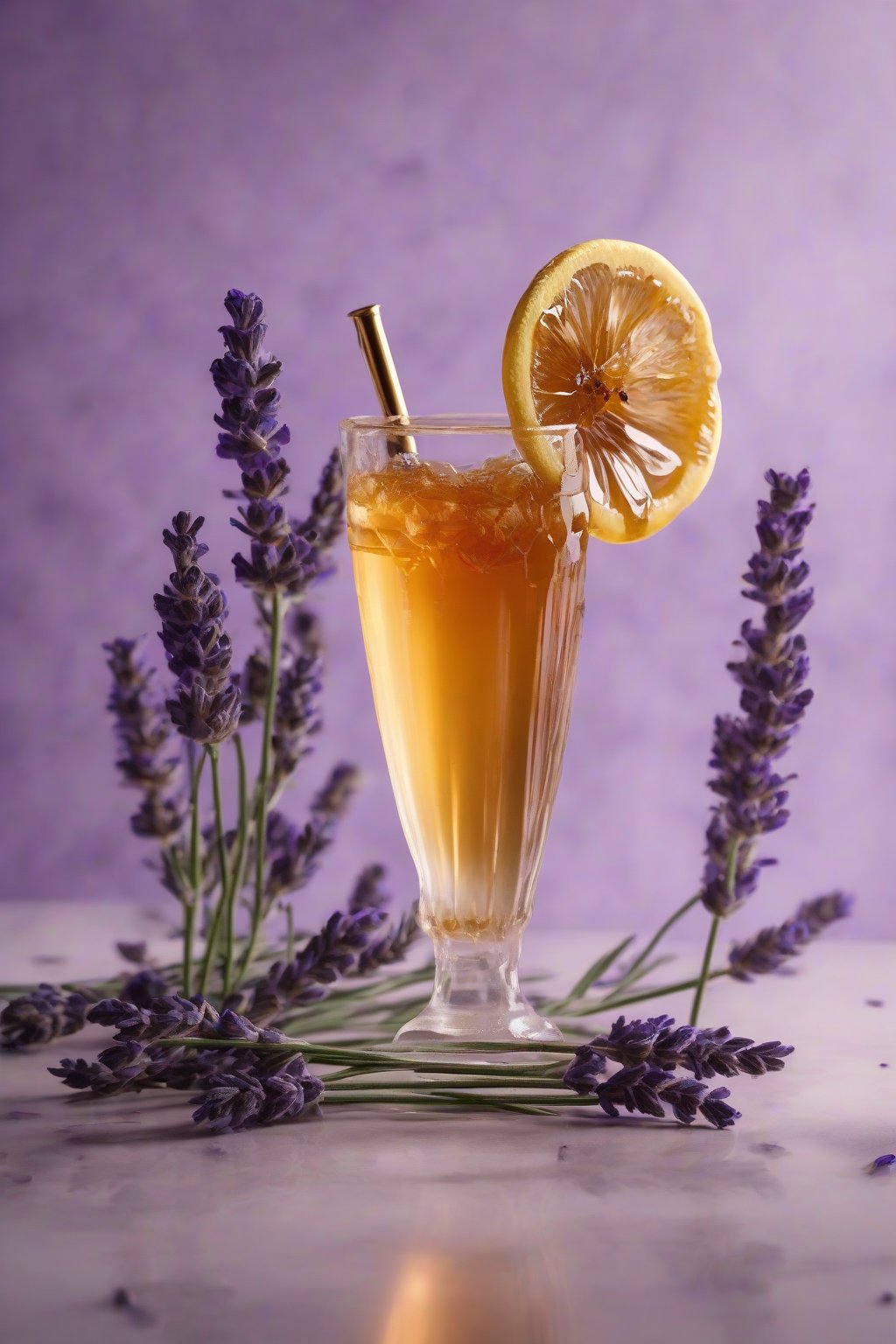 A high-resolution photo of lavender honey cold brew with lavender sprigs and honey drip, under soft lighting.