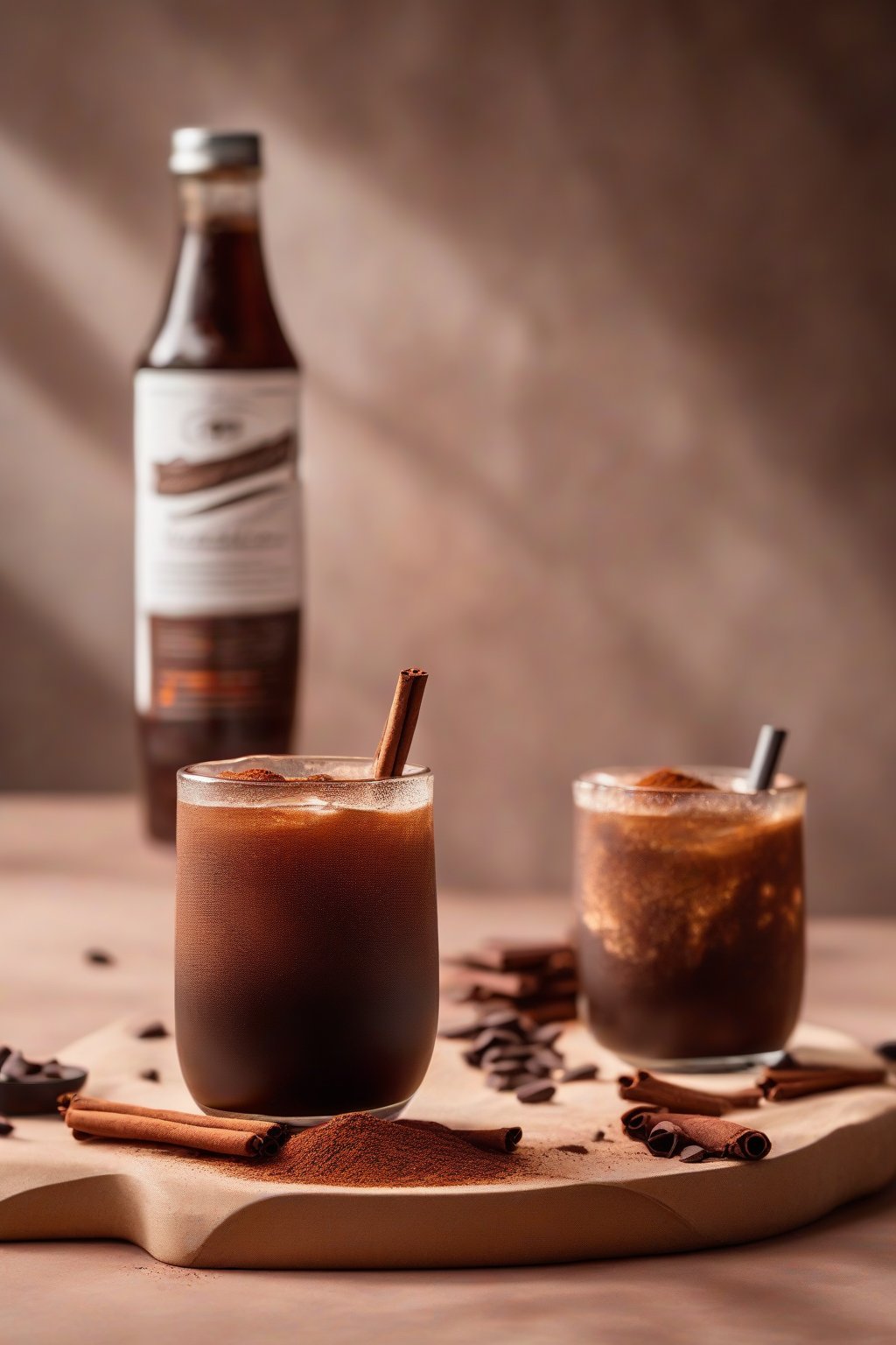 A high-resolution photo of Mexican chocolate cold brew with chili powder dusting and cinnamon stick, under soft lighting.
