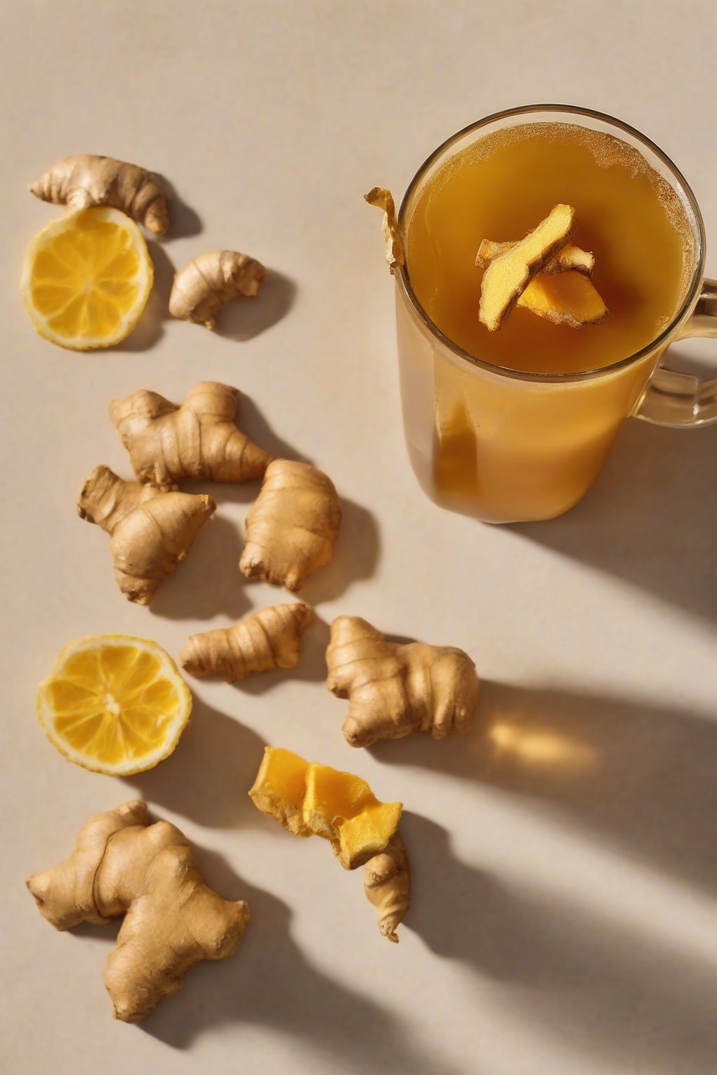 A high-resolution photo of ginger turmeric cold brew in a mug with golden hue and ginger slices, under soft lighting.