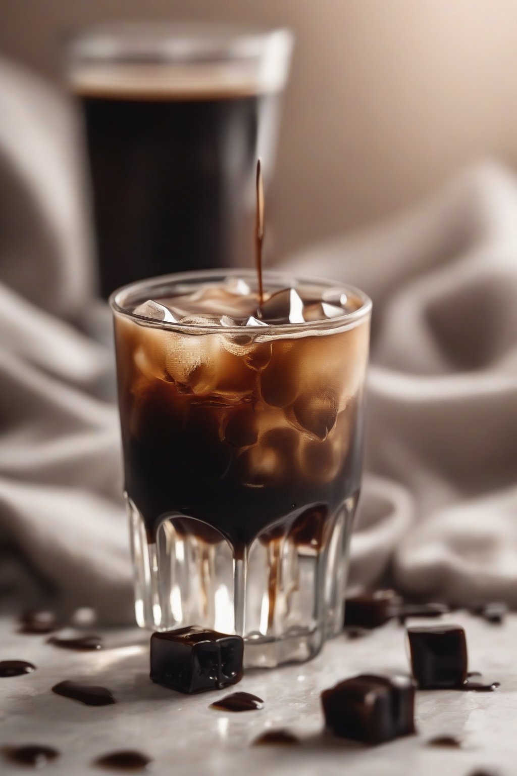 A close-up photo of a glass of classic black brewed iced coffee with ice cubes and subtle coffee drips, under soft lighting.