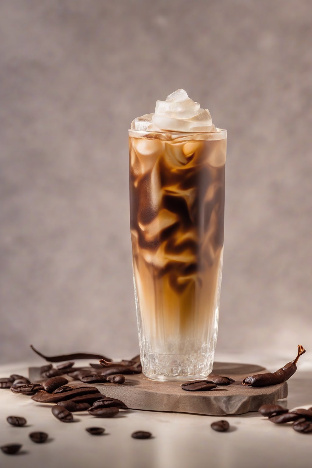 A close-up photo of vanilla dream brewed iced coffee garnished with a vanilla pod in a tall glass with ice, under soft lighting.