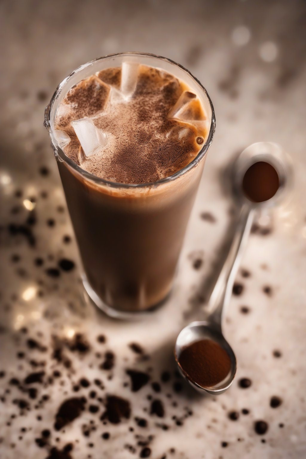 A close-up photo of mocha magic brewed iced coffee topped with cocoa dust and ice, under soft lighting.