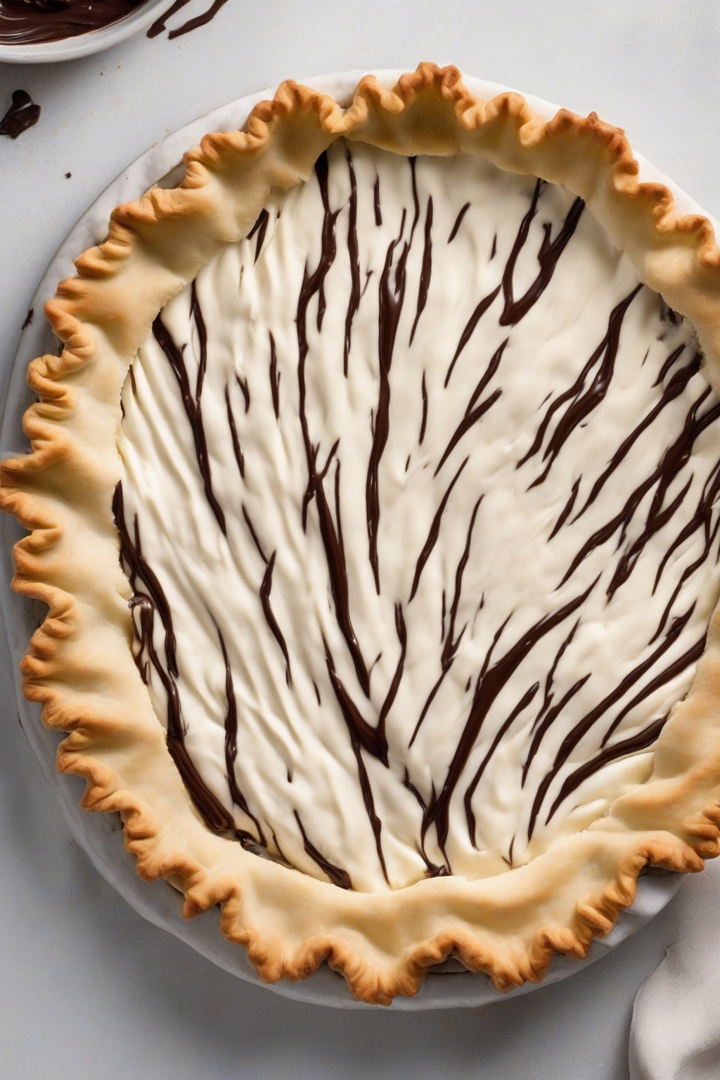 A high-resolution photo of a cream cheese pie crust with chocolate filling, crimped edges flaking, under soft lighting.