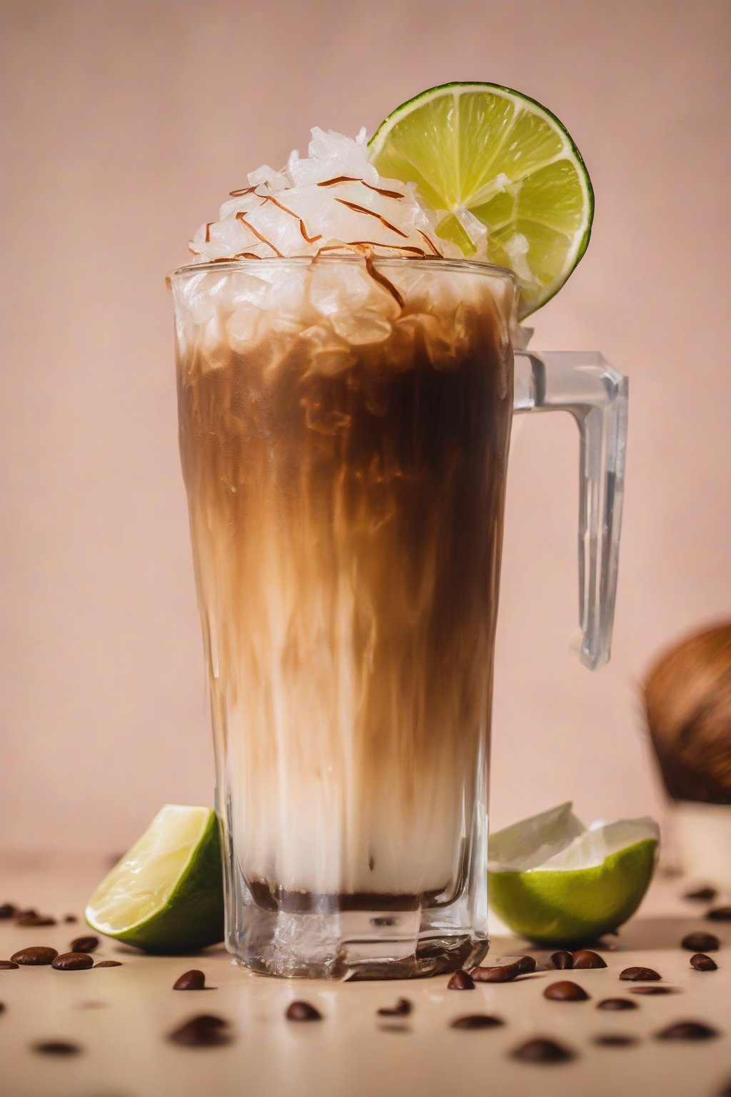 A close-up photo of coconut paradise brewed iced coffee with coconut shreds and a lime wedge, under soft lighting.