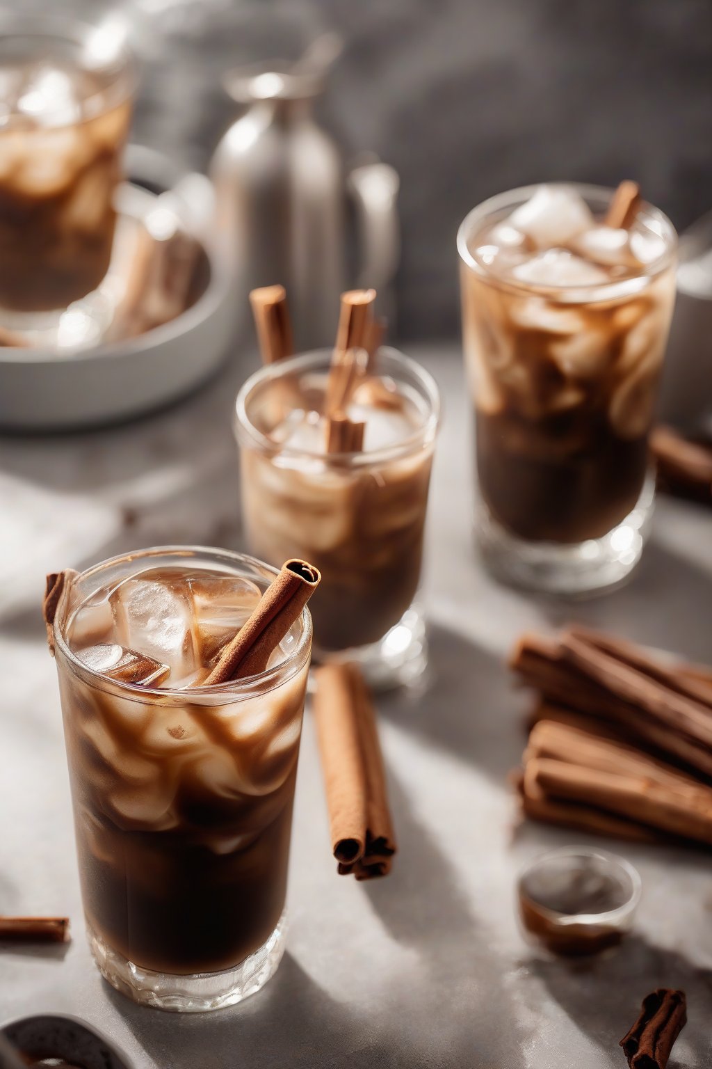 A close-up photo of cinnamon swirl brewed iced coffee with floating cinnamon sticks and ice, under soft lighting.