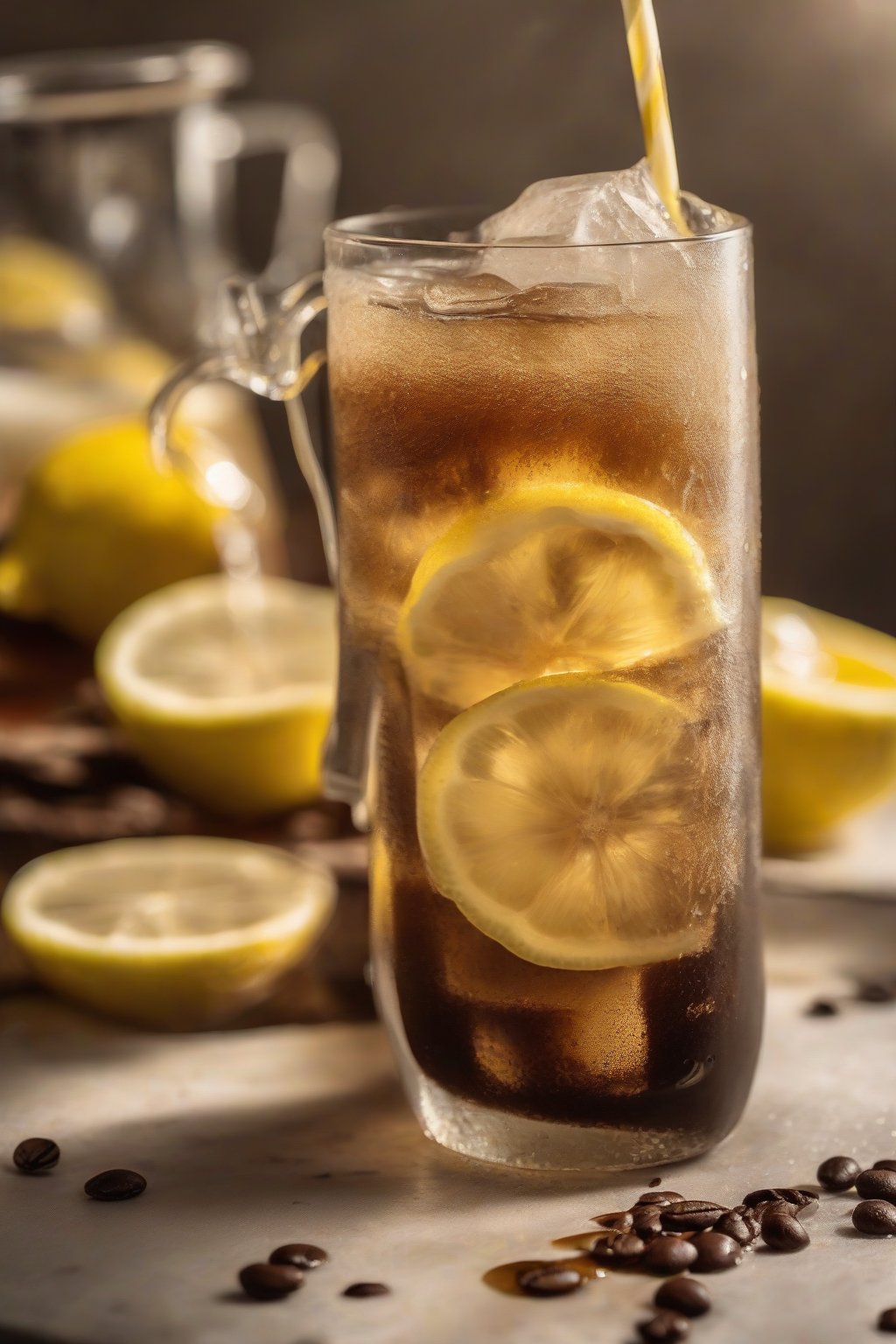 A close-up photo of lemon zest brewed iced coffee with lemon slices and condensation on the glass, under soft lighting.