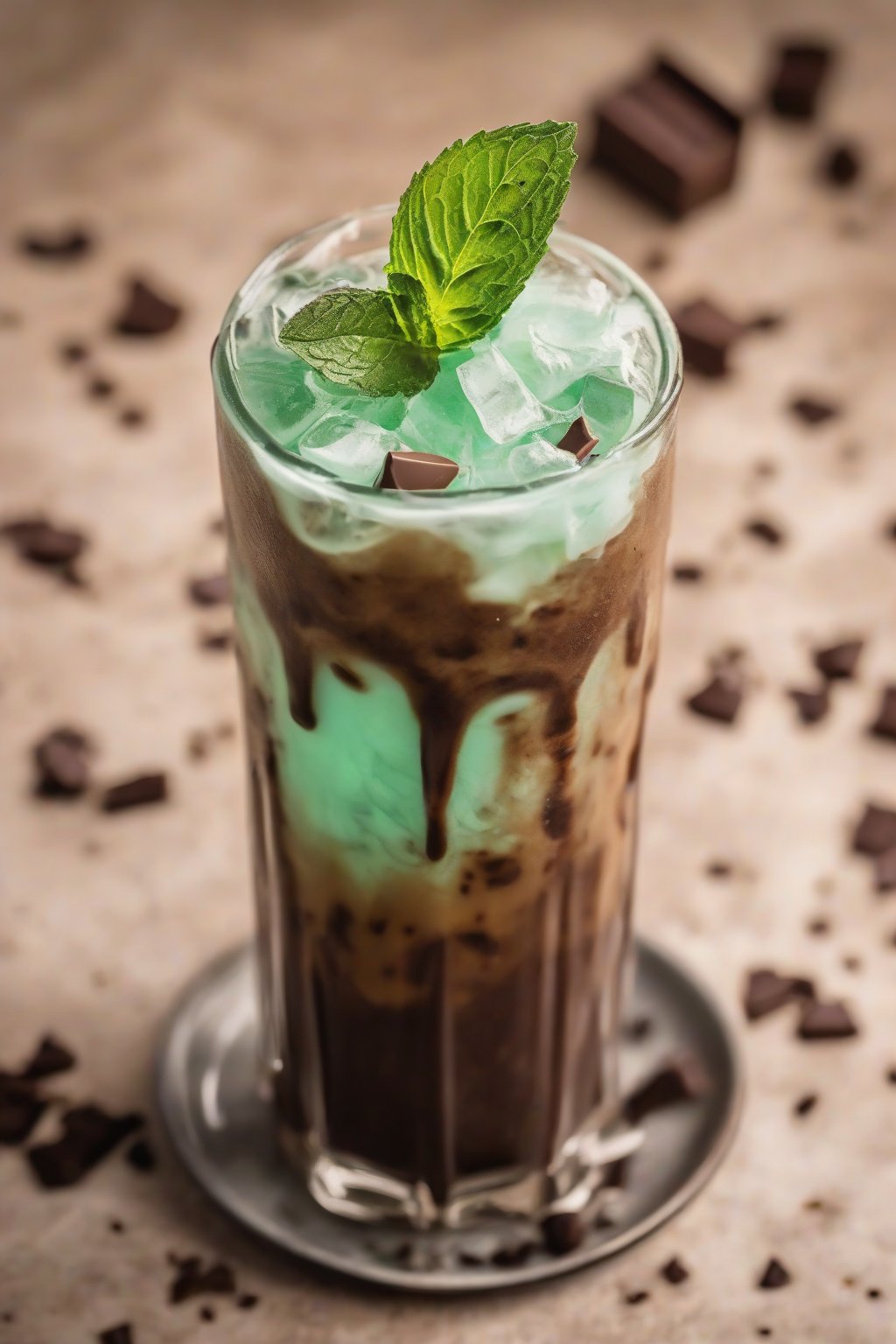 A close-up photo of mint chocolate brewed iced coffee with mint leaves and chocolate shavings, under soft lighting.