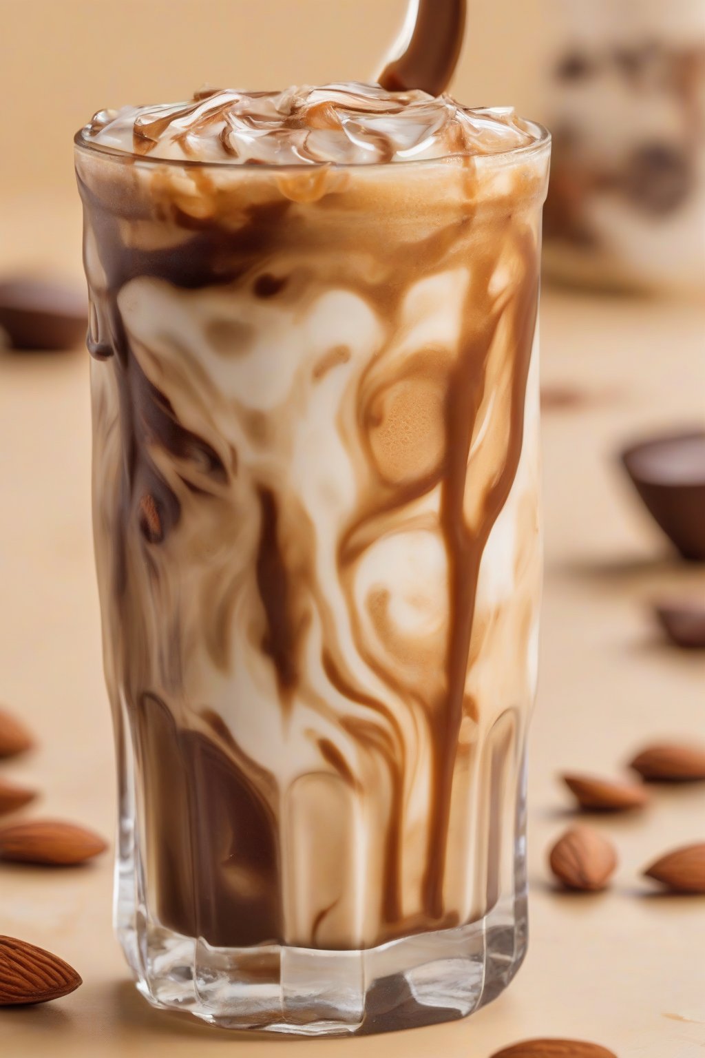 A close-up photo of almond joy brewed iced coffee swirled with almond milk and almond slices, under soft lighting.