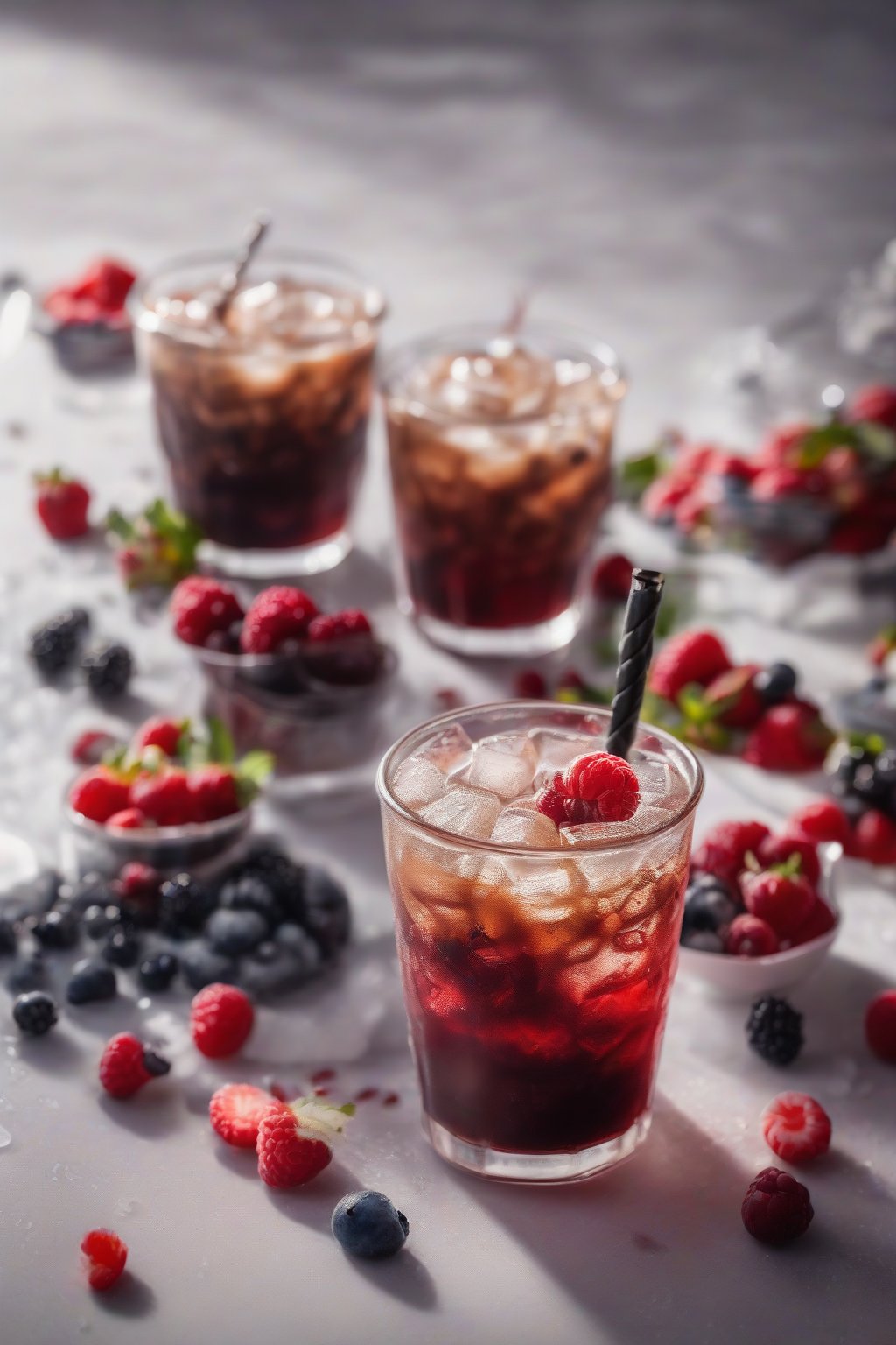 A close-up photo of berry burst brewed iced coffee with fresh berries on ice, under soft lighting.