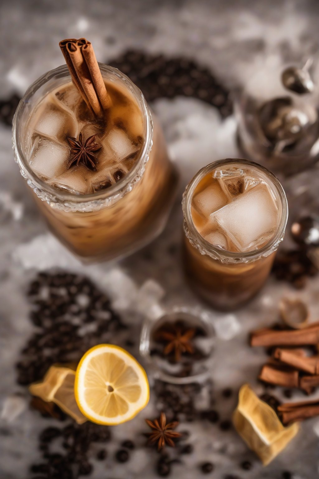 A close-up photo of chai spice brewed iced coffee dusted with spices and ice cubes, under soft lighting.