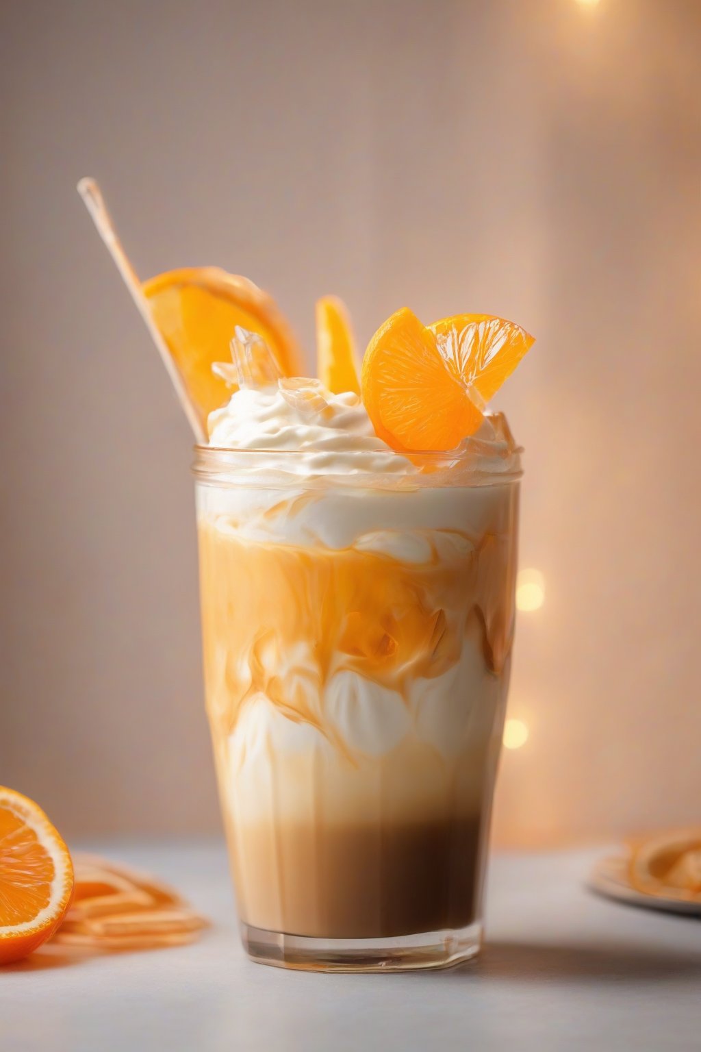A close-up photo of orange creamsicle brewed iced coffee layered with orange slices and cream, under soft lighting.