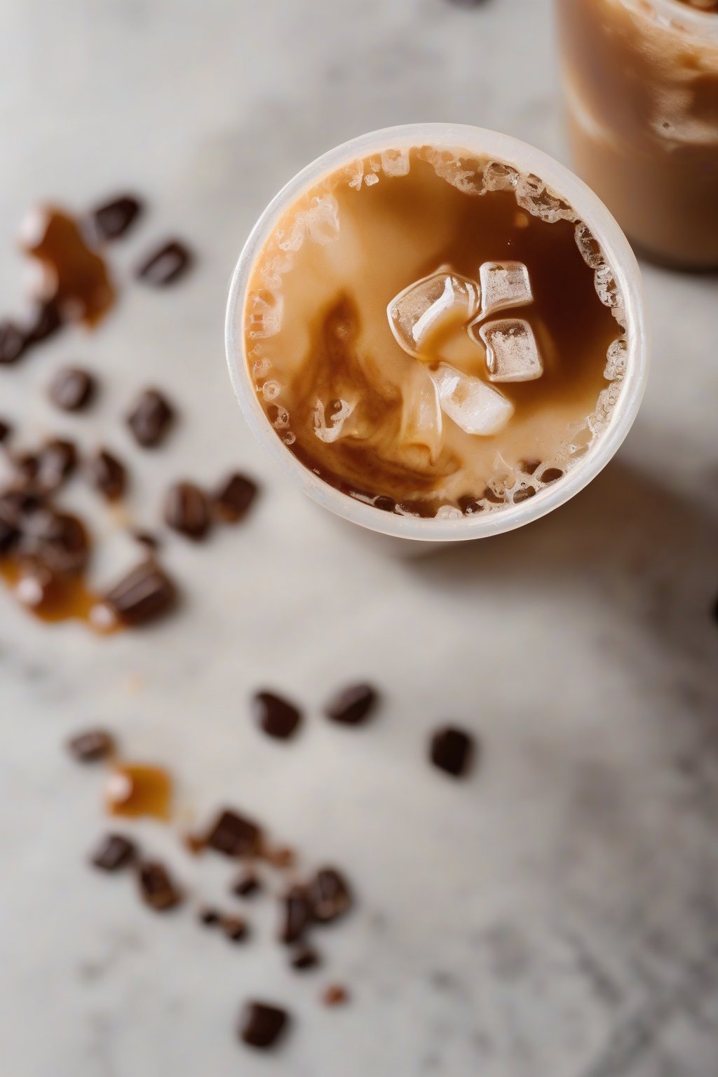 A close-up photo of salted caramel brewed iced coffee drizzled with caramel and sea salt flakes, under soft lighting.