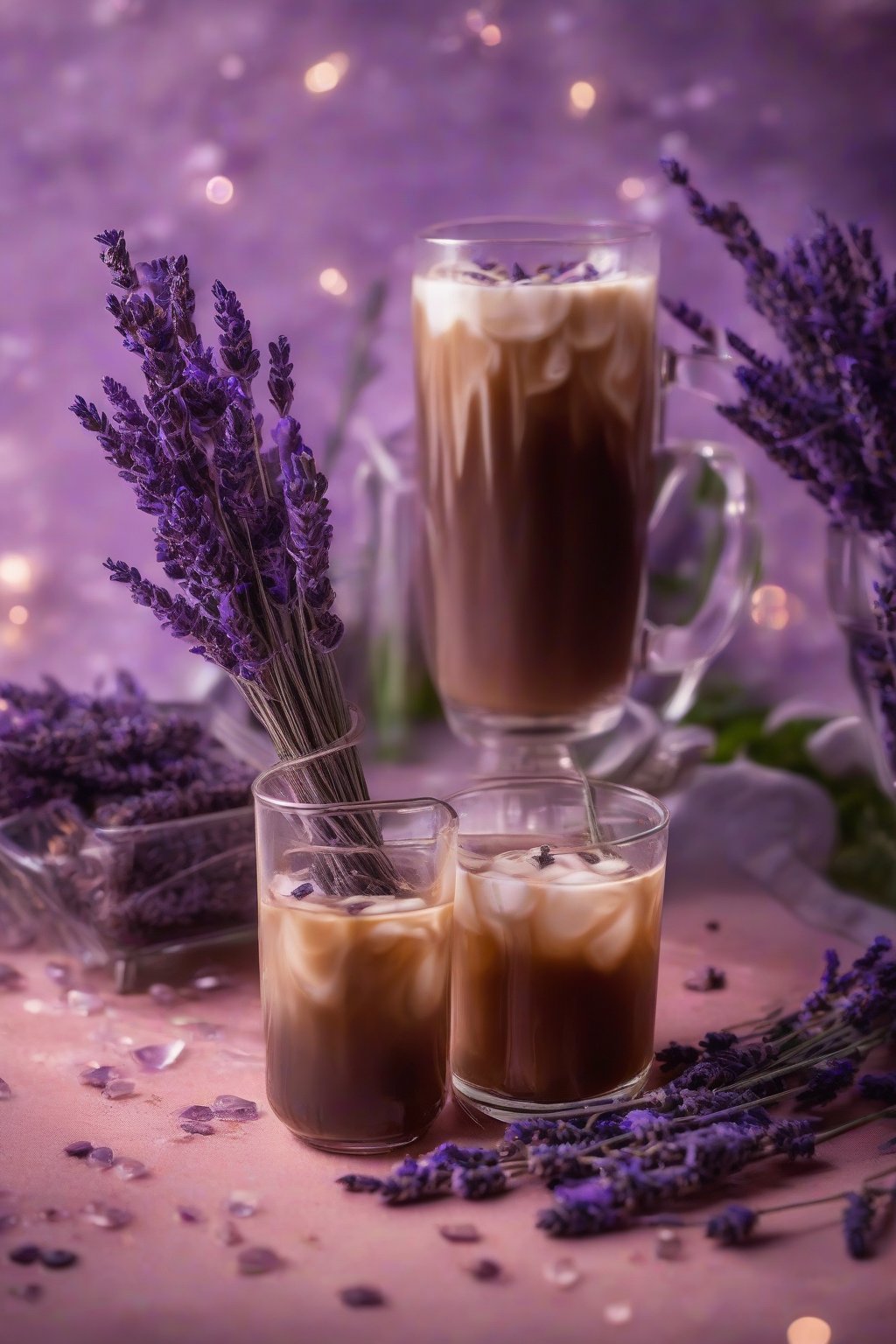 A close-up photo of lavender bliss brewed iced coffee with lavender sprigs and subtle purple hues, under soft lighting.