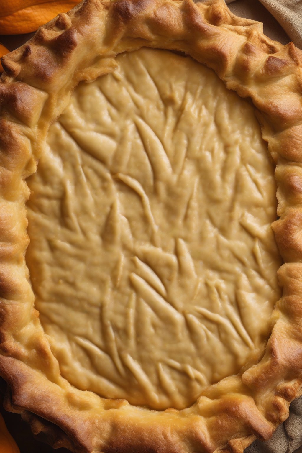 A high-resolution photo of a lard pie crust with pumpkin filling, shatteringly flaky, under soft lighting.