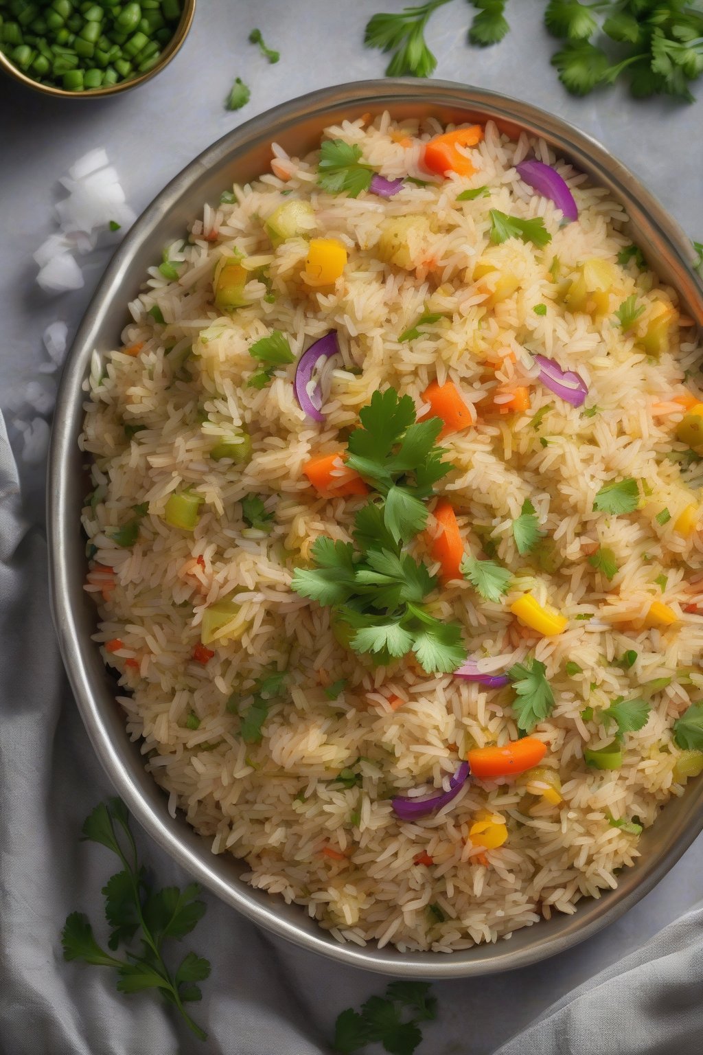 A high-resolution photo of steaming vegetable pulao garnished with cilantro, colorful veggies peeking through fluffy rice, under soft lighting.