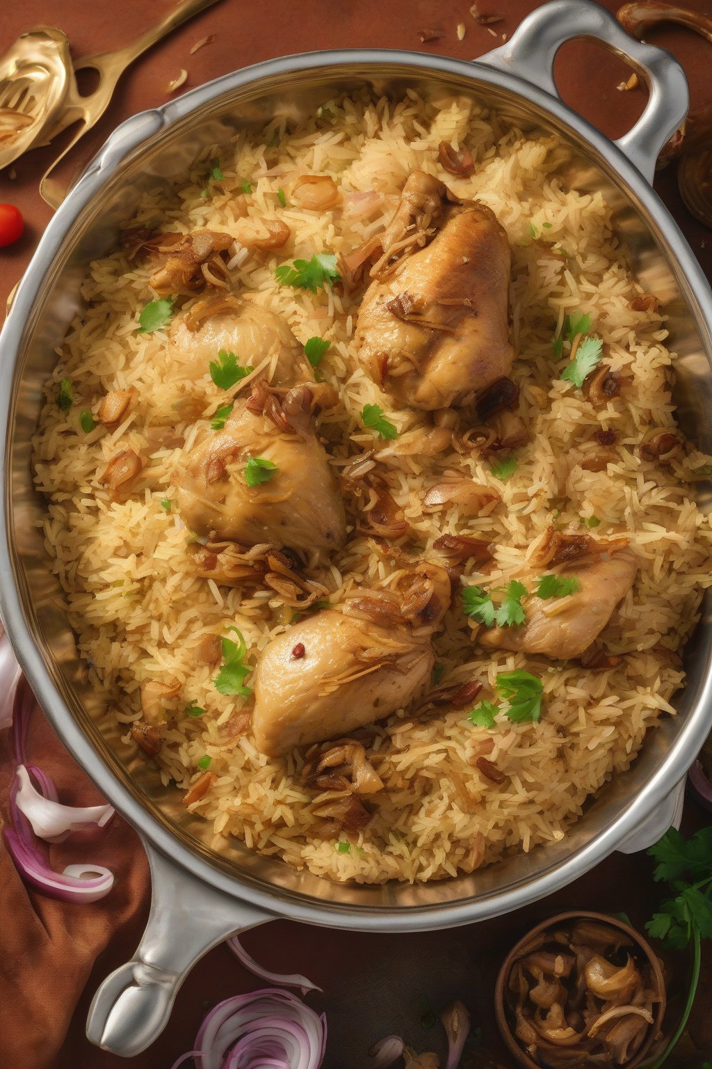 A high-resolution photo of golden chicken pulao with tender meat pieces and fried onions on top, steam rising, under soft lighting.