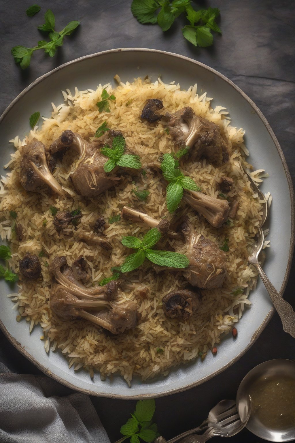 A high-resolution photo of rich lamb yakhni pulao with bones and mint sprigs, glossy with ghee, under soft lighting.